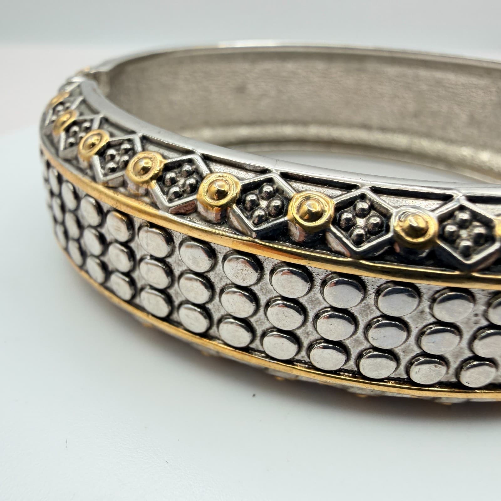 Vintage 90s Silver Gold Tone Geometric Studded Bangle Bracelet Classic Jewelry - Thumbnail 5