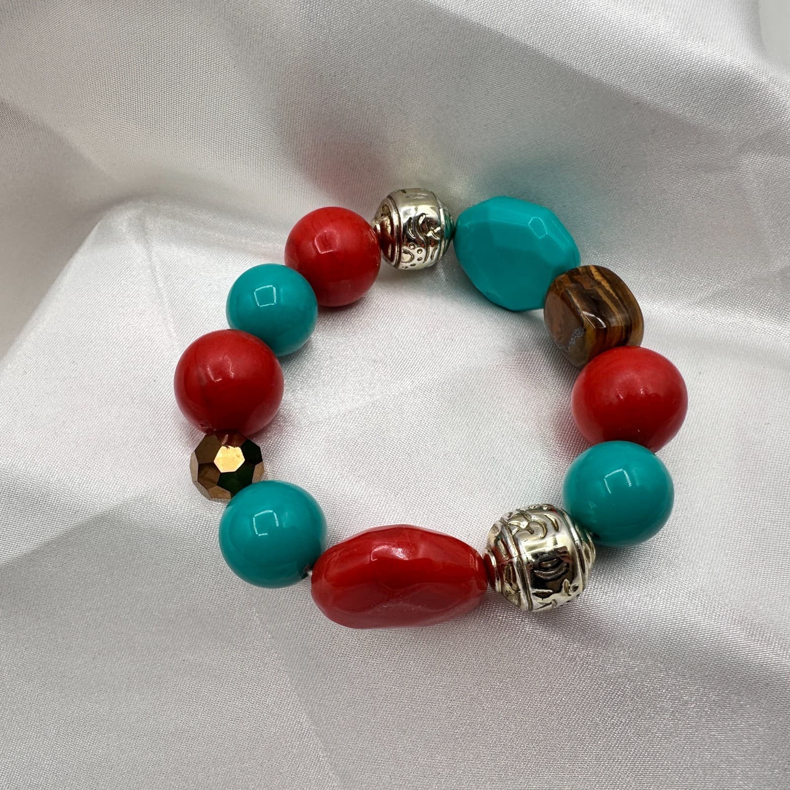 Vintage Y2K Silver Tone Stretch Beaded Bracelet Boho Women's Classic Jewelry - Thumbnail 2