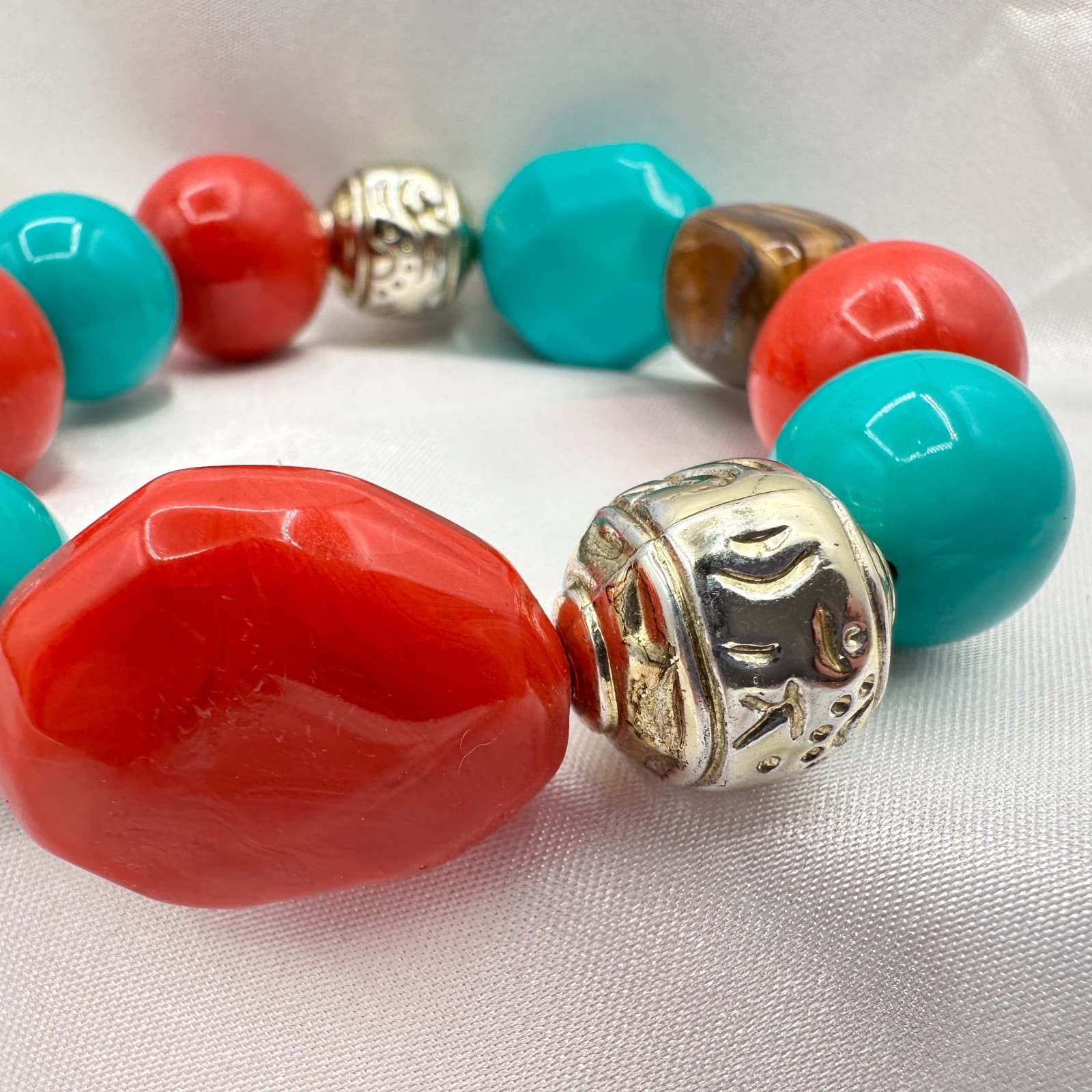 Vintage Y2K Silver Tone Stretch Beaded Bracelet Boho Women's Classic Jewelry - Thumbnail 4