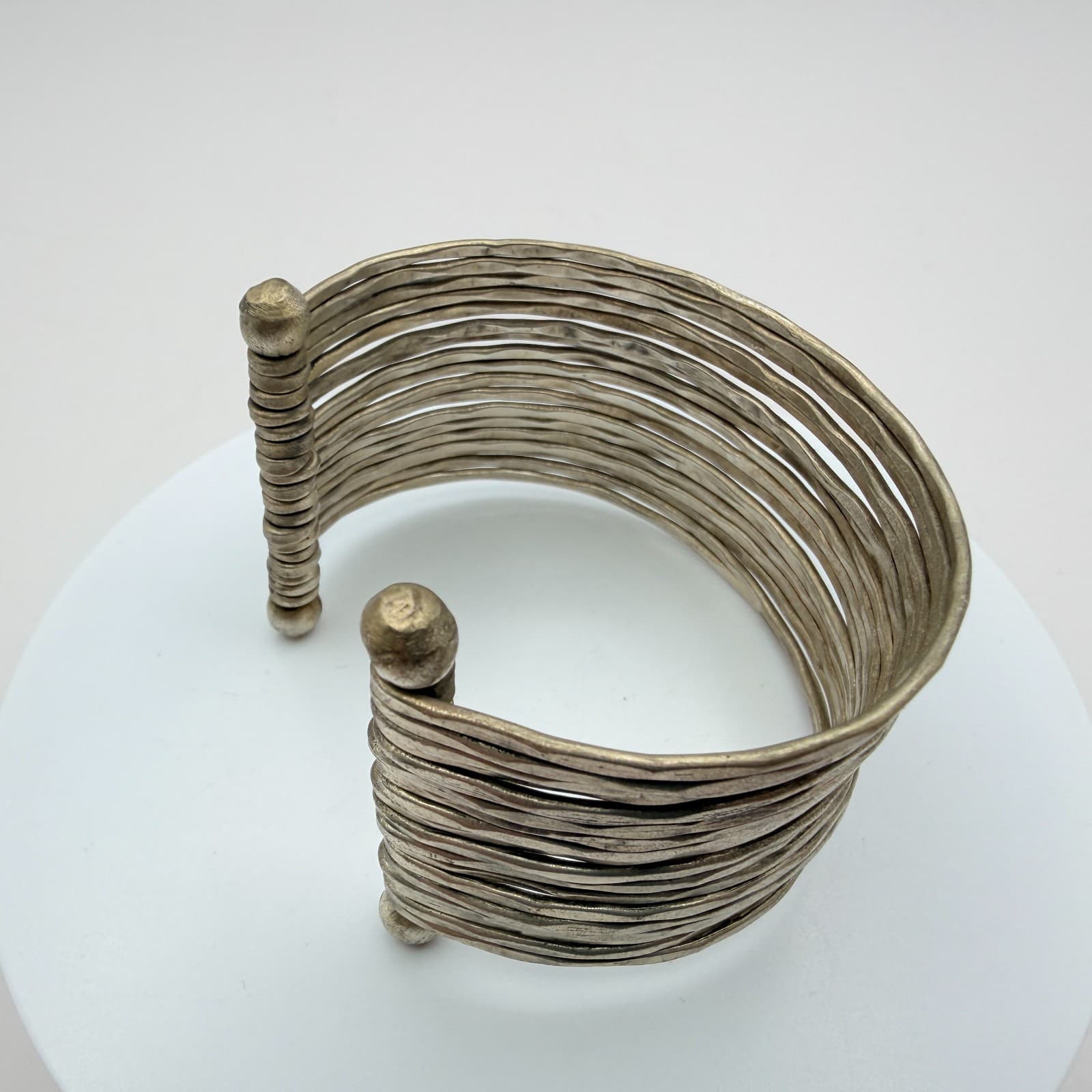 Vintage 90s Silver Tone Wide Cuff Multi Strand Bracelet Women's Boho Jewelry - Thumbnail 2