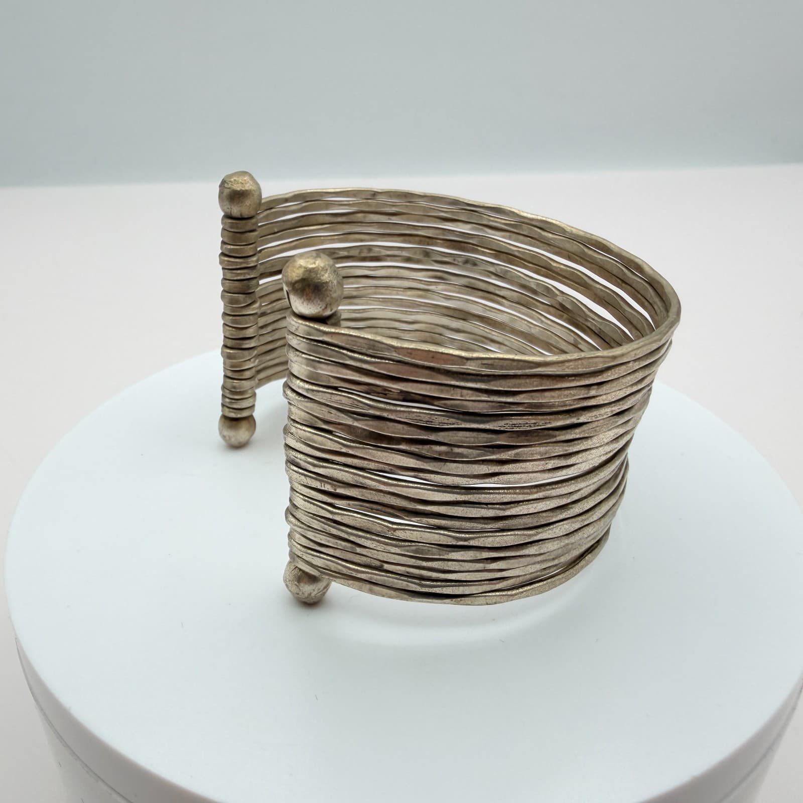 Vintage 90s Silver Tone Wide Cuff Multi Strand Bracelet Women's Boho Jewelry - Thumbnail 4