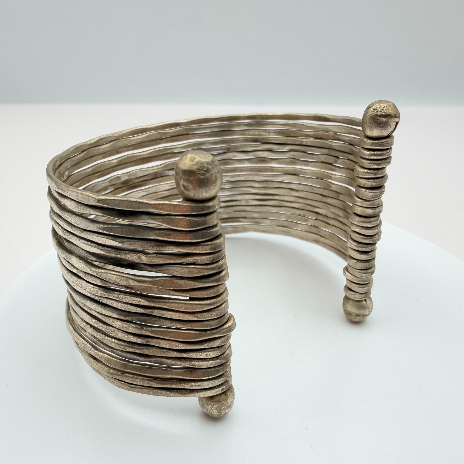 Vintage 90s Silver Tone Wide Cuff Multi Strand Bracelet Women's Boho Jewelry - Thumbnail 5