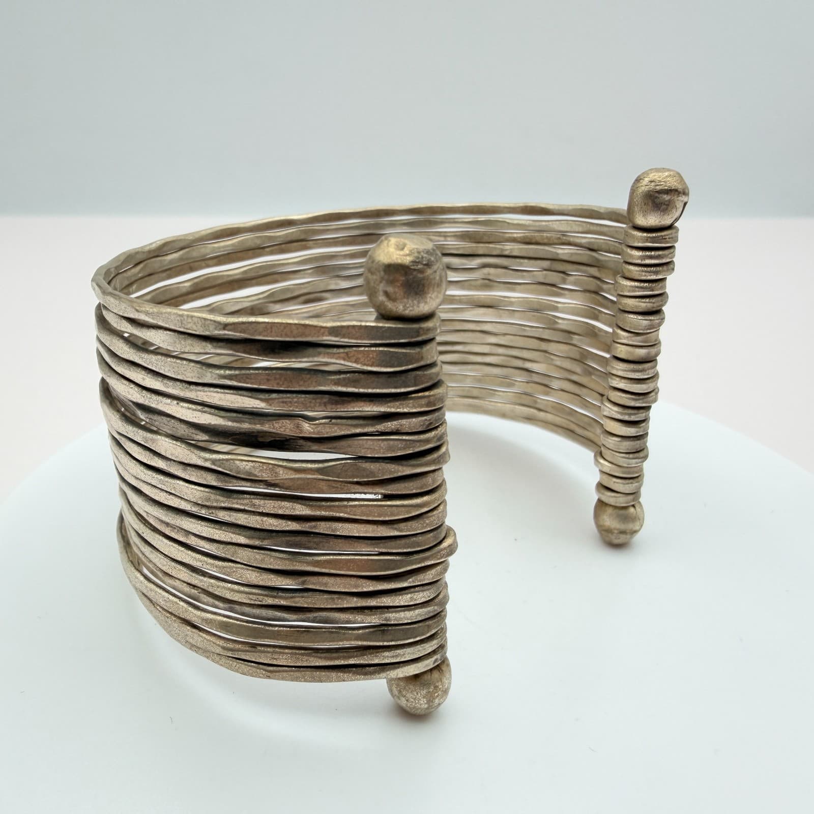 Vintage 90s Silver Tone Wide Cuff Multi Strand Bracelet Women's Boho Jewelry - Thumbnail 6