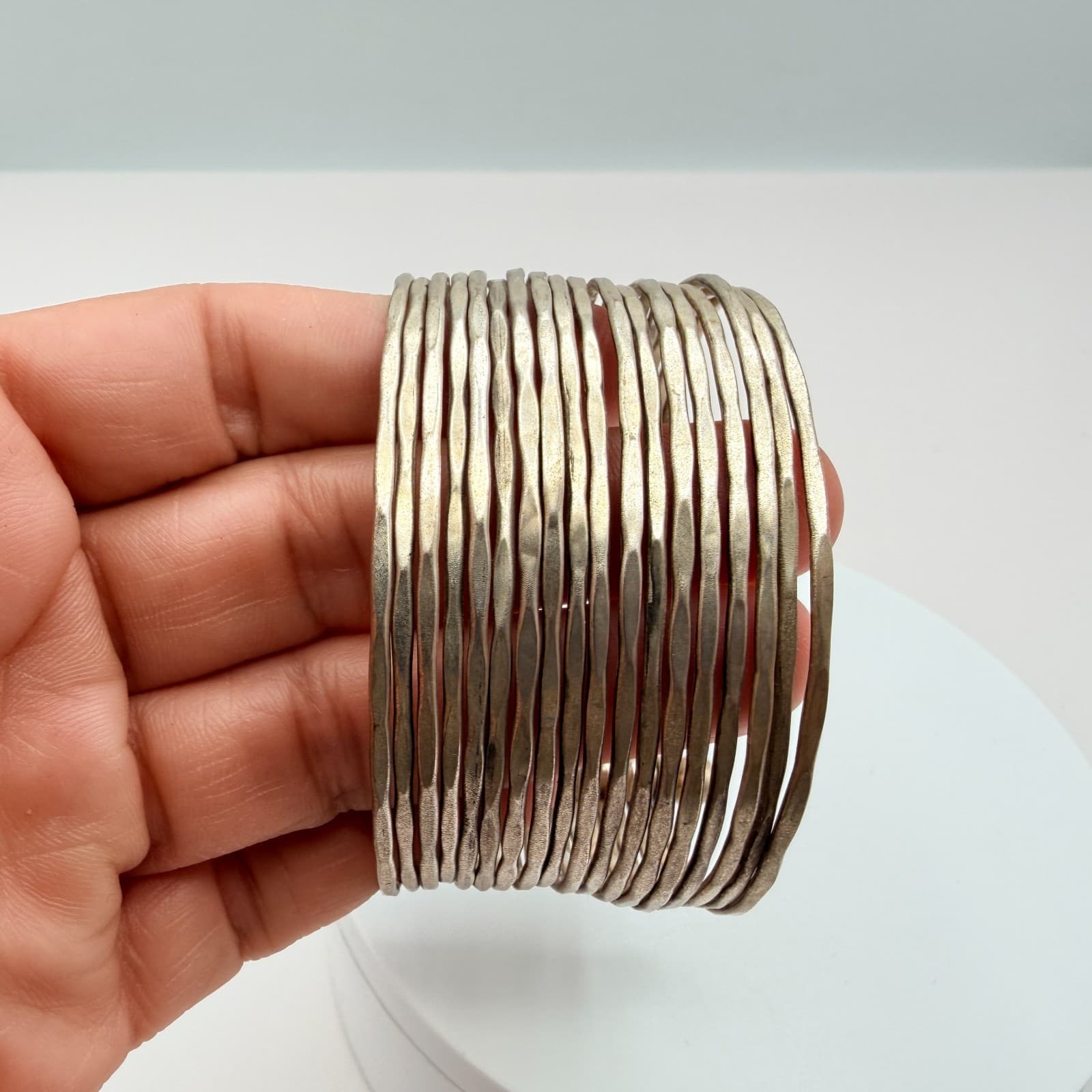 Vintage 90s Silver Tone Wide Cuff Multi Strand Bracelet Women's Boho Jewelry - Thumbnail 7