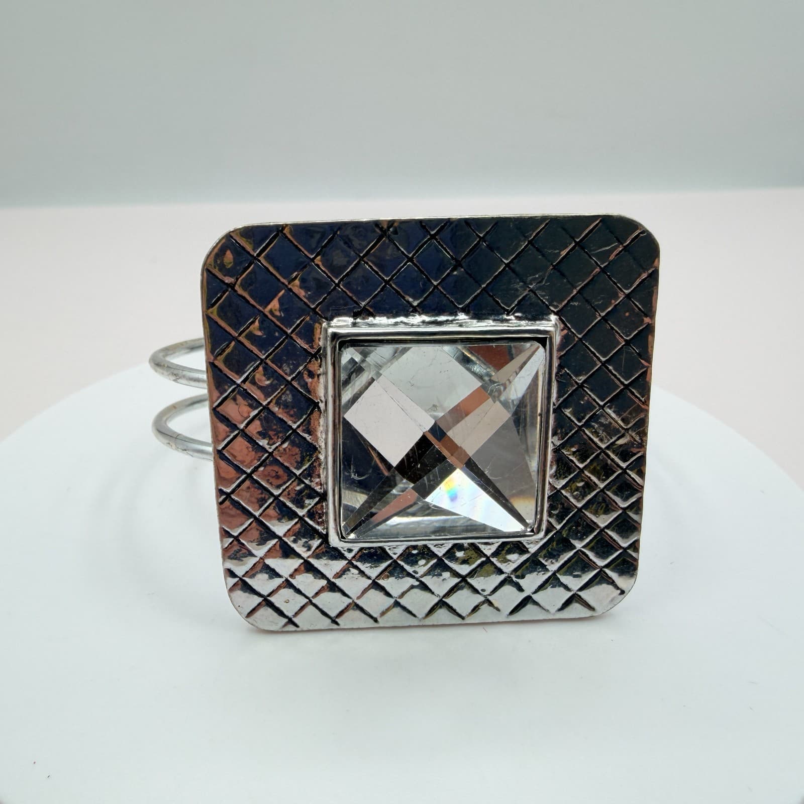 Vintage Y2K Clear Square Rhinestone Open Cuff Bracelet Silver Tone Jewelry - Thumbnail 3