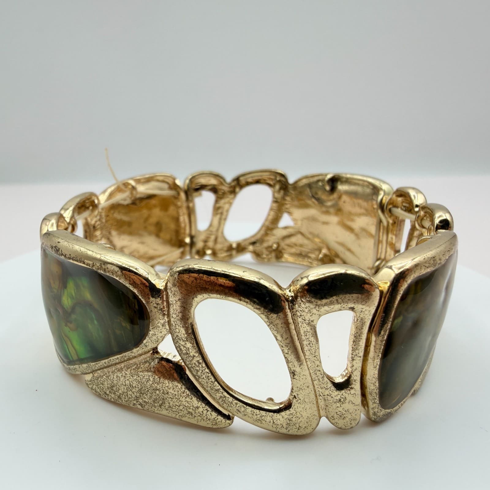 Vintage Y2K Polycrome Faux Abalone Shell Link Bracelet Gold Tone Jewelry - Thumbnail 2