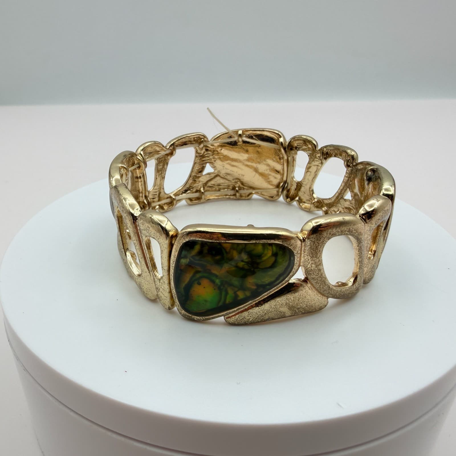 Vintage Y2K Polycrome Faux Abalone Shell Link Bracelet Gold Tone Jewelry - Thumbnail 3