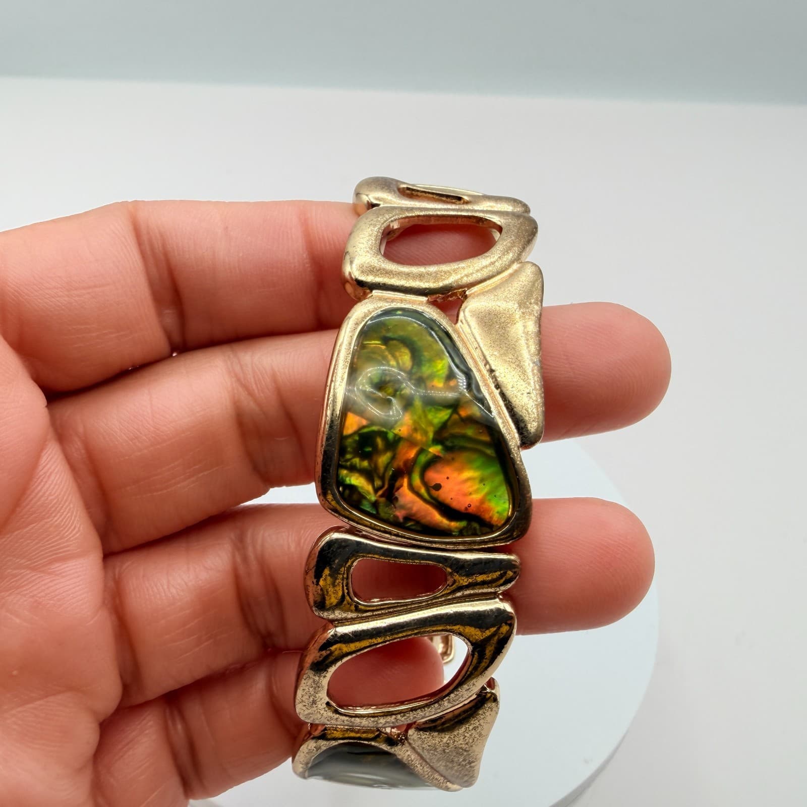 Vintage Y2K Polycrome Faux Abalone Shell Link Bracelet Gold Tone Jewelry - Thumbnail 8