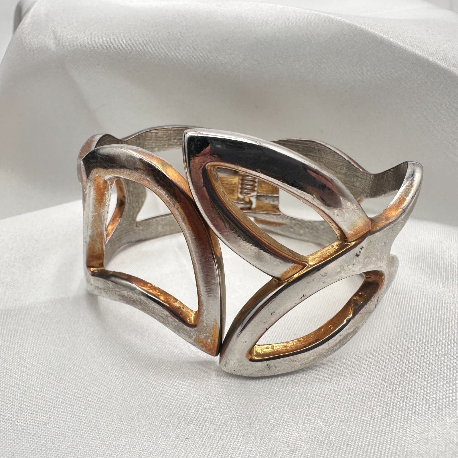 Vintage Y2K Geometric Wide Hinged Cuff Bracelet Silver Gold Tone Jewelry - Image 1