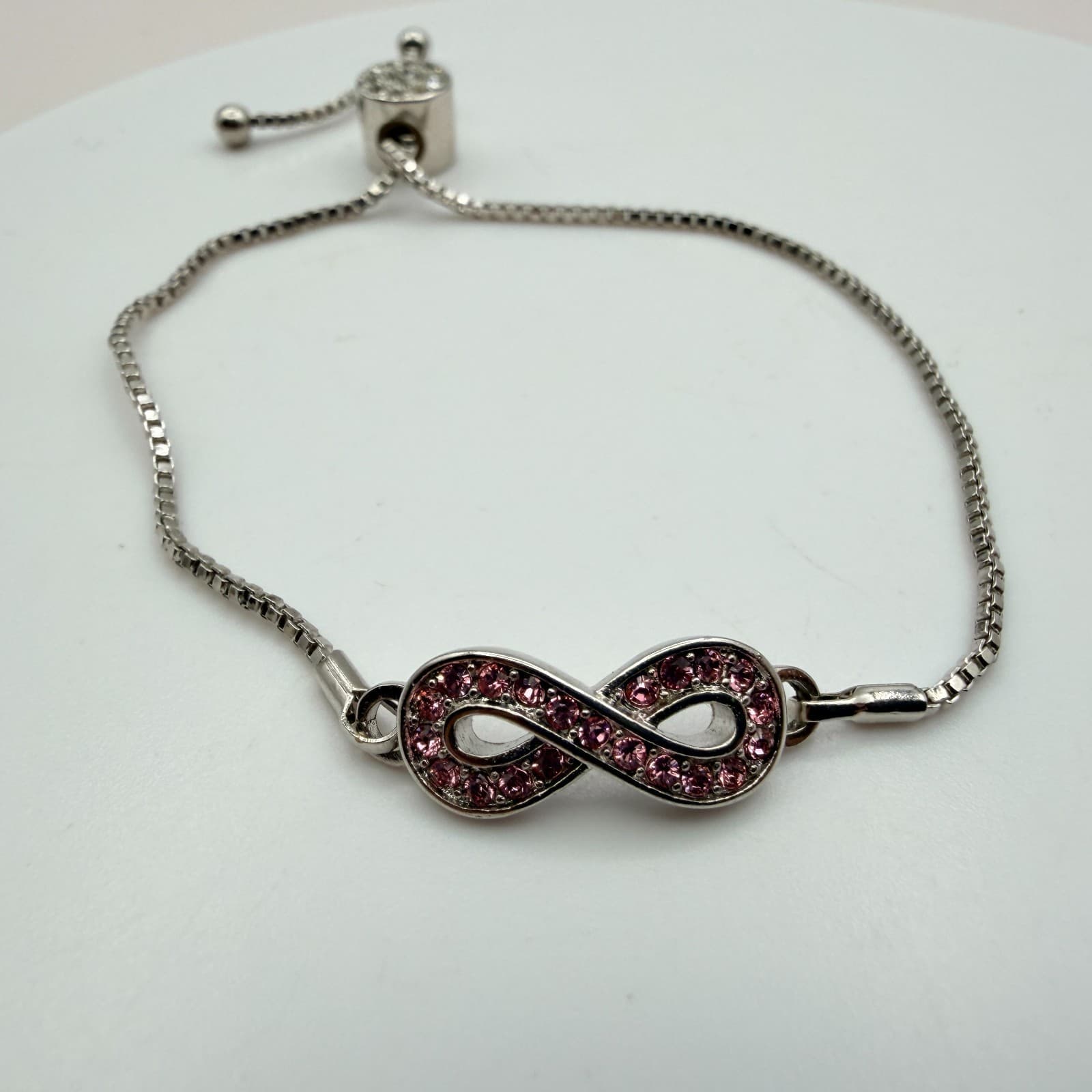 Vintage Y2K Silver Tone Rhinestone Infinity Symbol Bolo Bracelet Women's Jewelry - Image 1