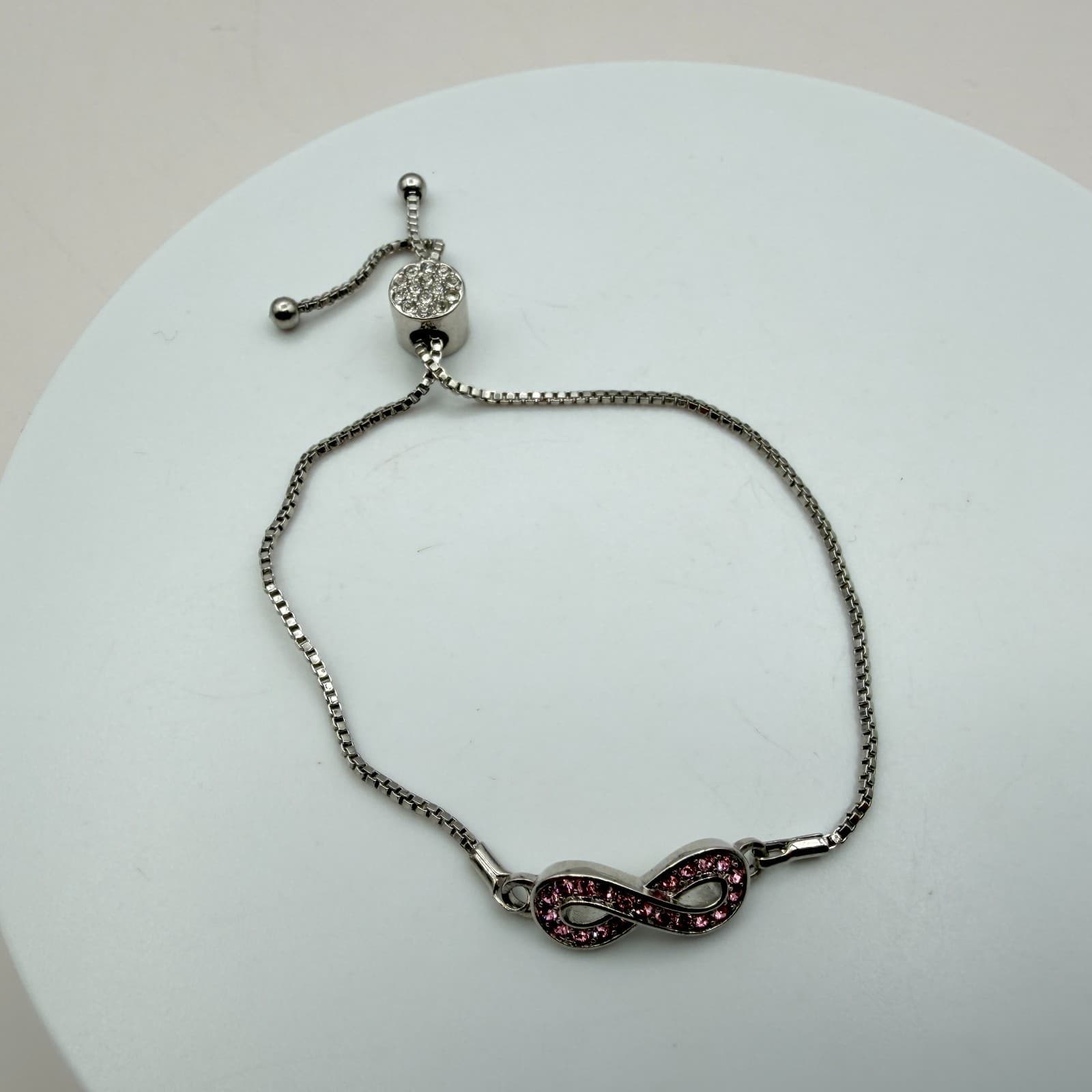 Vintage Y2K Silver Tone Rhinestone Infinity Symbol Bolo Bracelet Women's Jewelry - Thumbnail 4