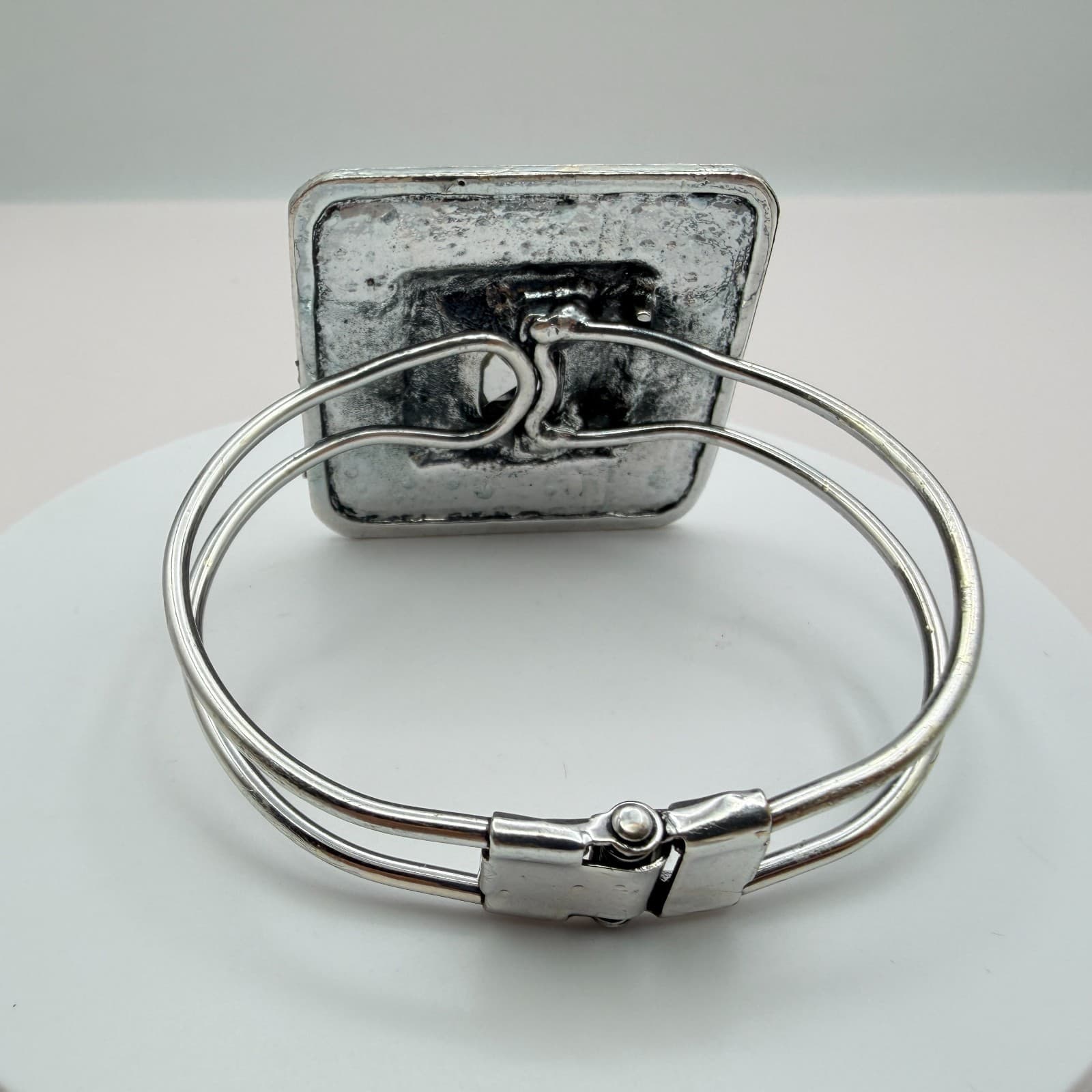 Vintage Y2K Clear Square Rhinestone Open Cuff Bracelet Silver Tone Jewelry - Thumbnail 5