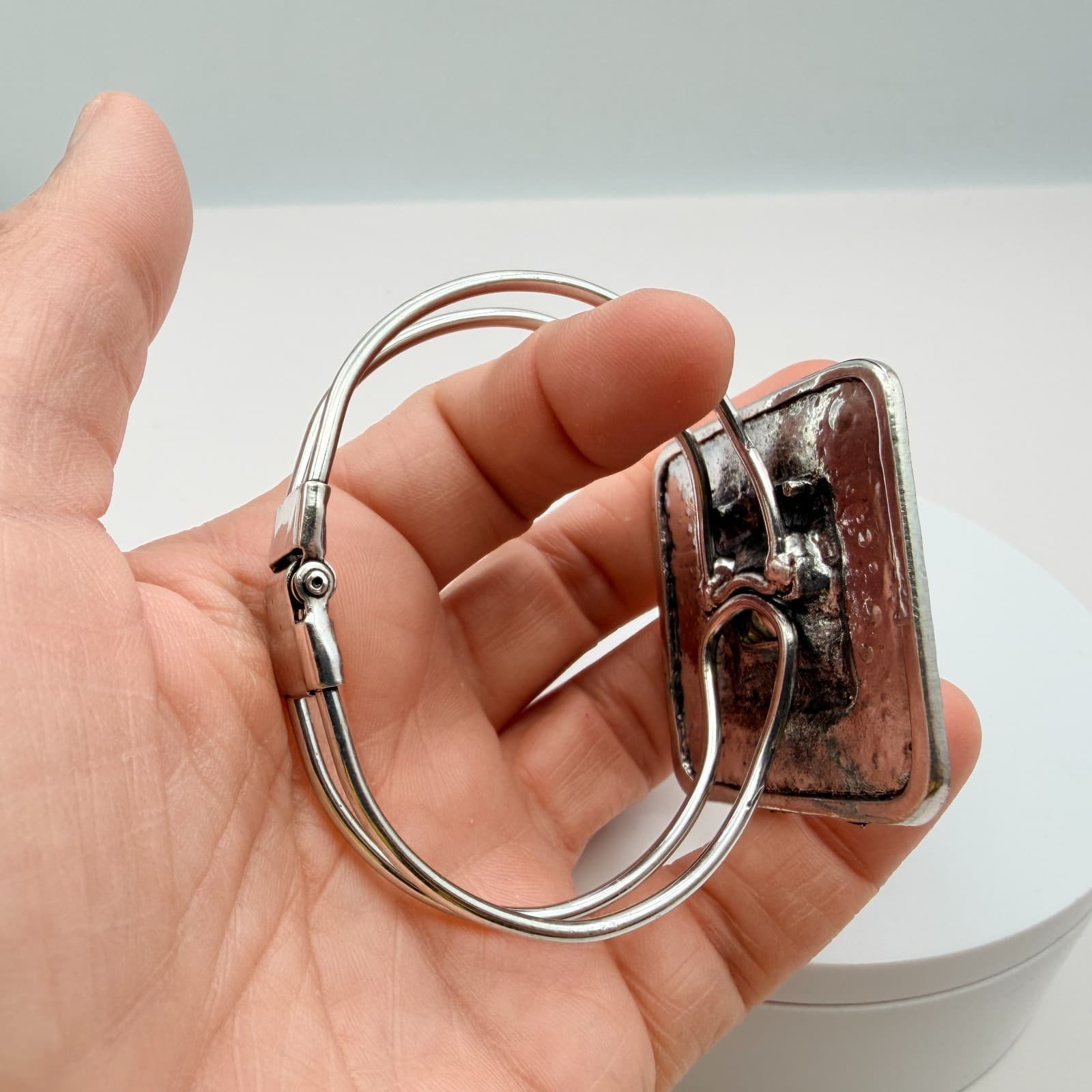 Vintage Y2K Clear Square Rhinestone Open Cuff Bracelet Silver Tone Jewelry - Thumbnail 8