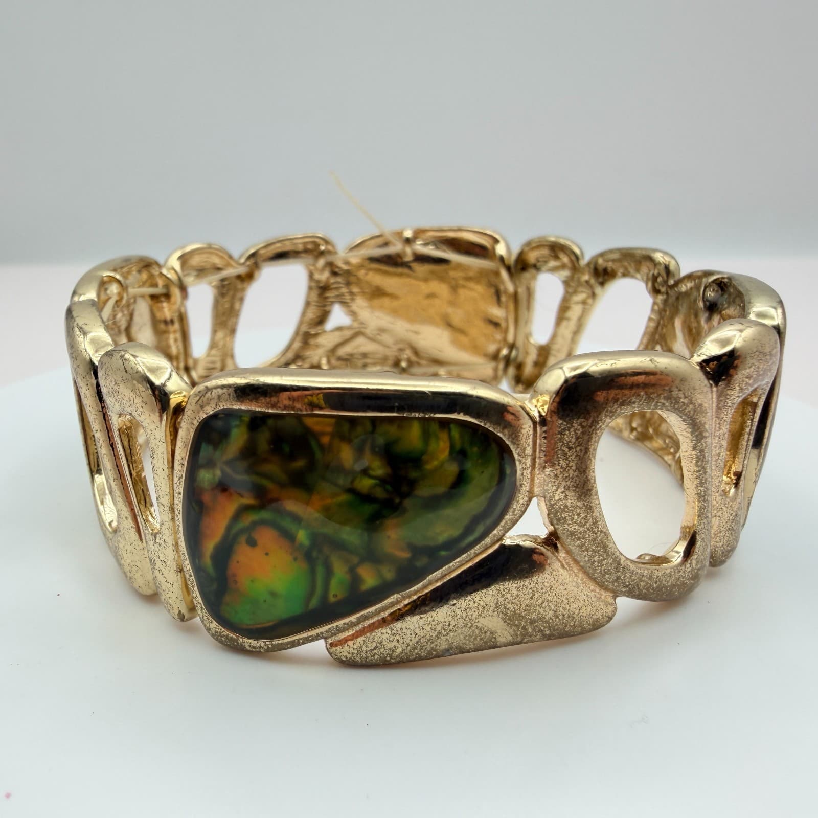 Vintage Y2K Polycrome Faux Abalone Shell Link Bracelet Gold Tone Jewelry - Image 1