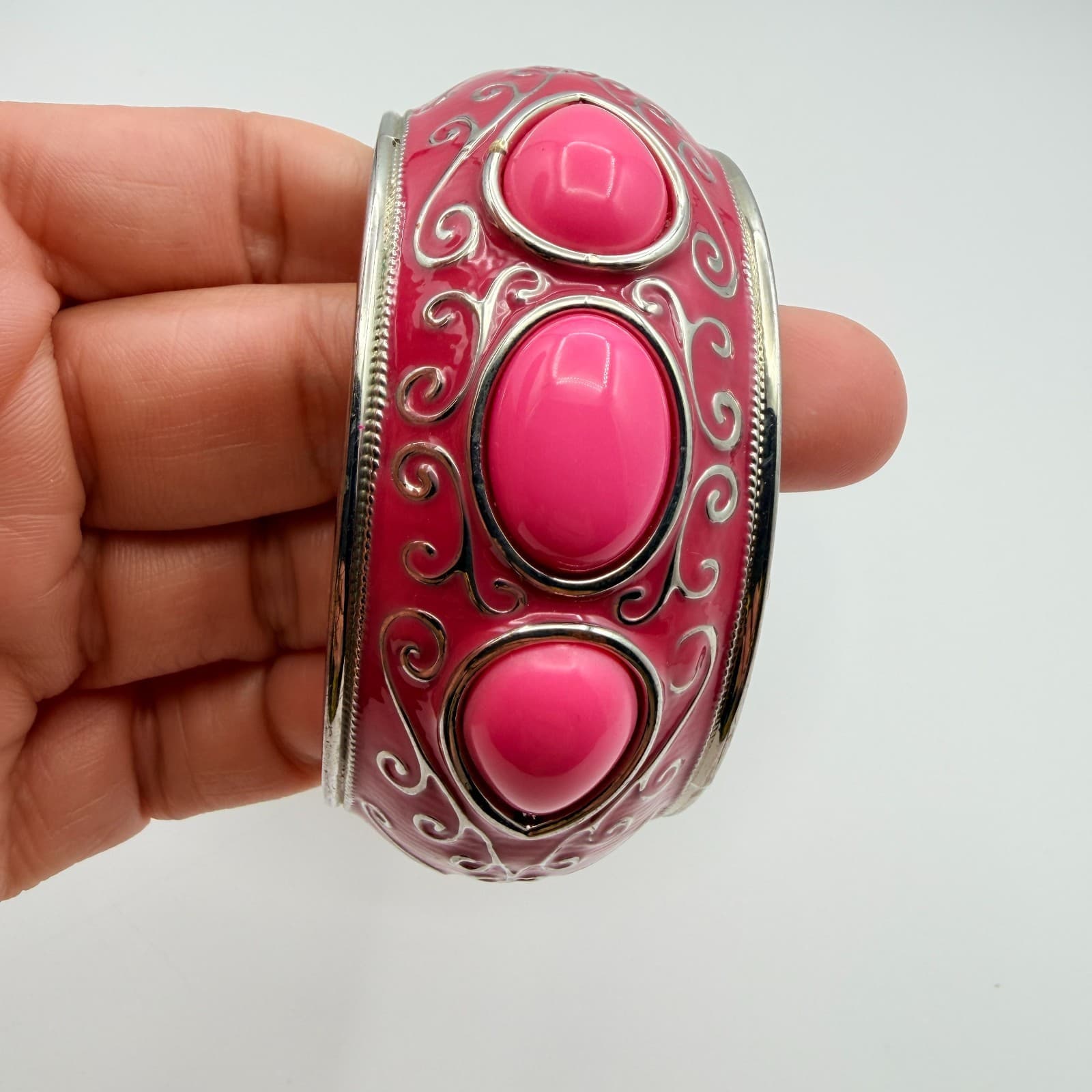 Vintage 90s Pink Enamel Cabochon Hinged Cuff Bracelet Silver Tone Jewelry - Thumbnail 8