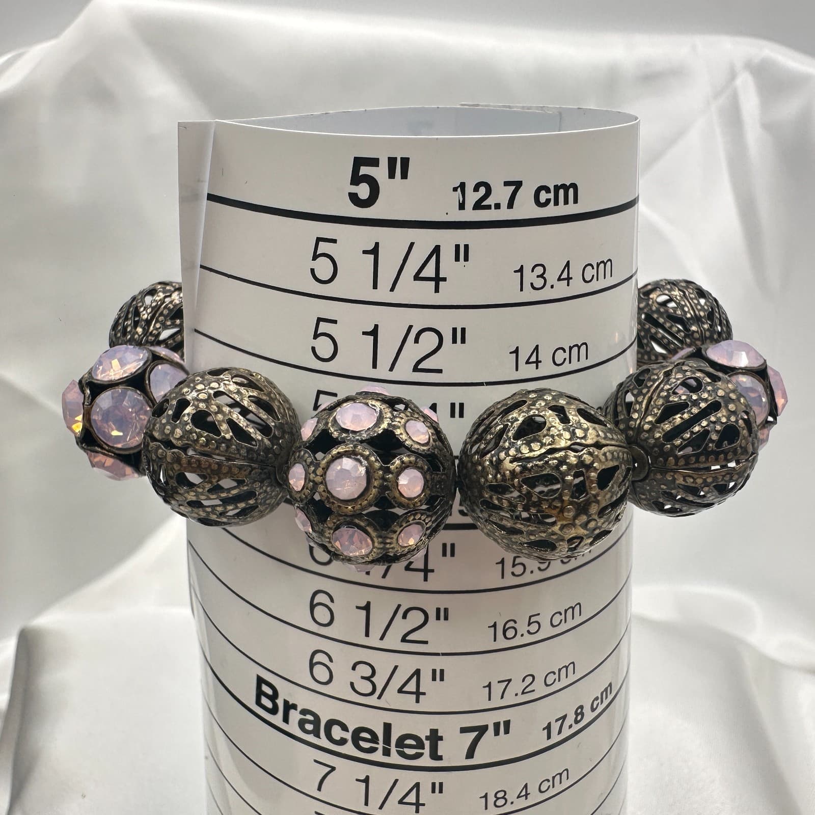 Vintage Y2K Pink Glass Brass Tone Filigree Beaded Stretch Bracelet Jewelry - Thumbnail 8