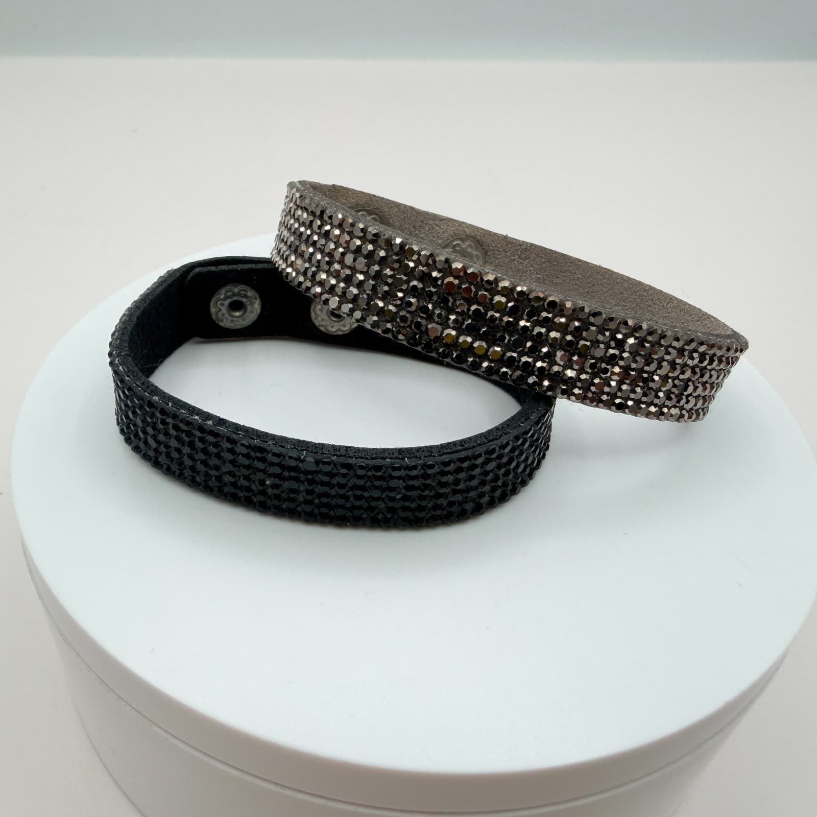 Vintage Y2K Black Silver Rhinestone Beaded Snap Cuff Bracelets Lot 2 Jewelry - Thumbnail 2