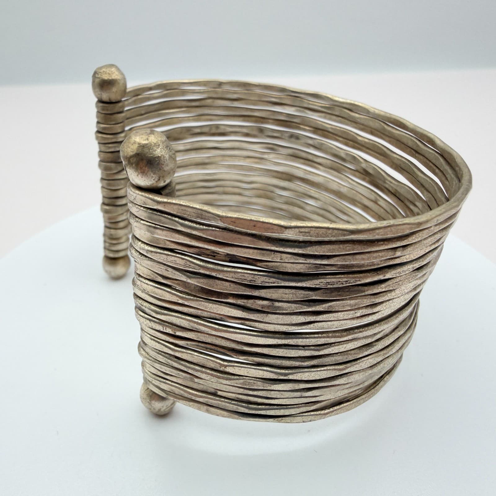 Vintage 90s Silver Tone Wide Cuff Multi Strand Bracelet Women's Boho Jewelry - Thumbnail 3