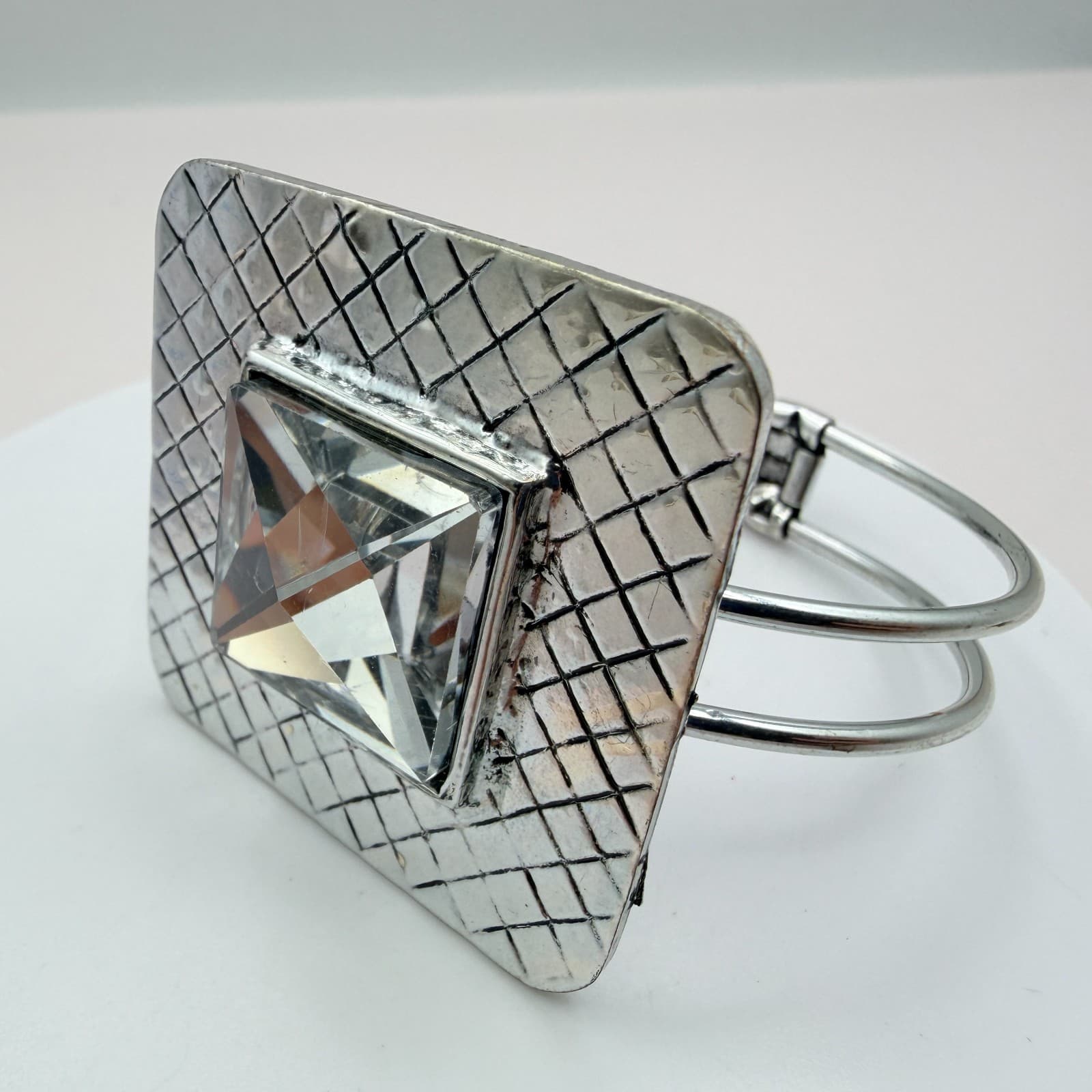 Vintage Y2K Clear Square Rhinestone Open Cuff Bracelet Silver Tone Jewelry - Image 1