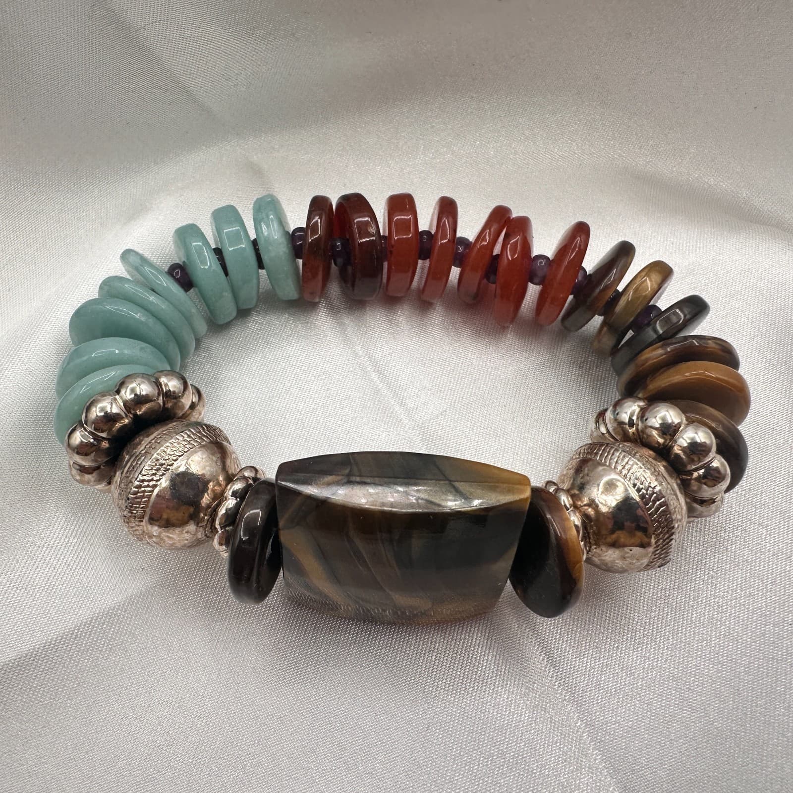 Vintage 90s Polycrome Tiger's Eye Disc Bead Stretch Bracelet Silver Tone Jewelry - Thumbnail 2