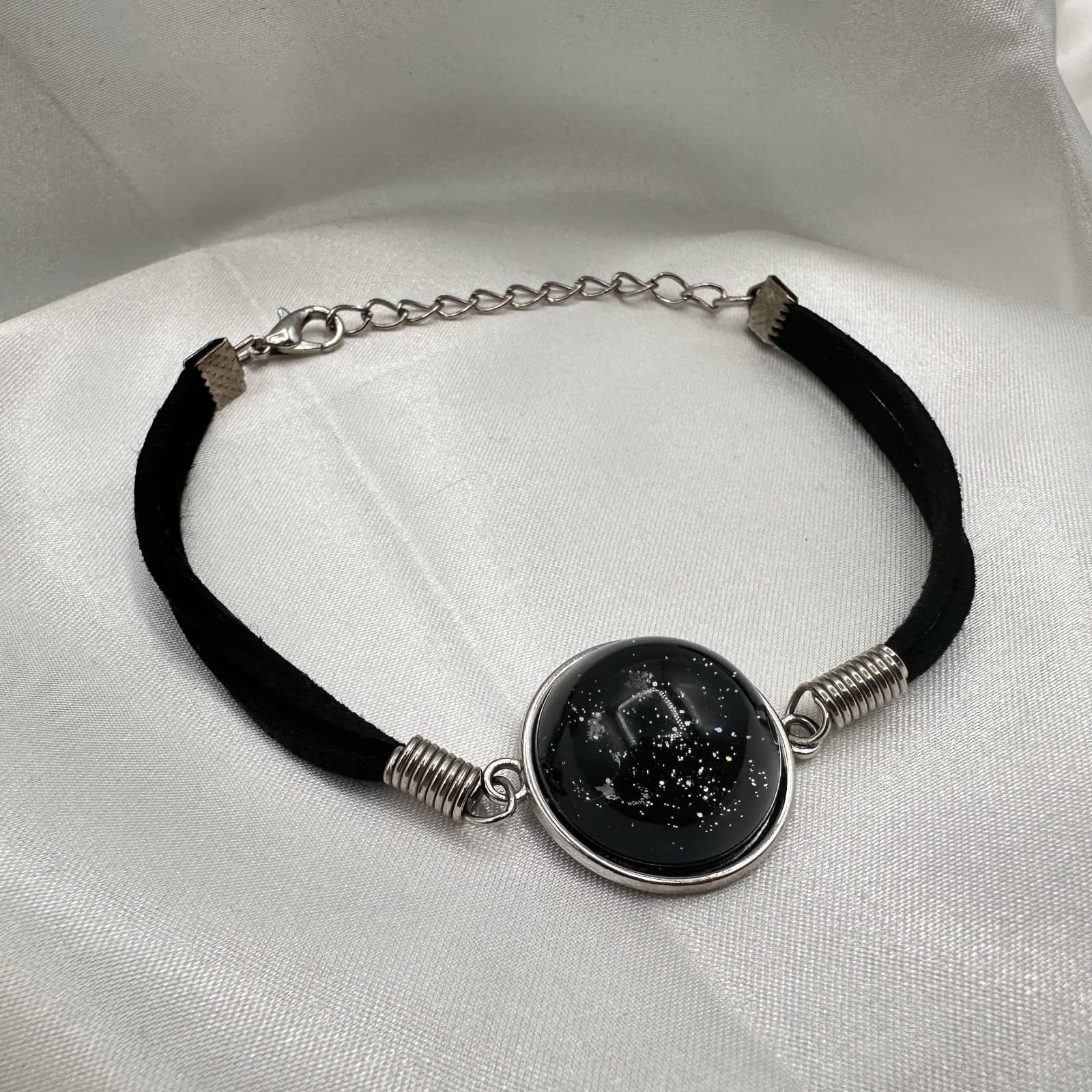 Vintage Y2K Black Suede Cord Galaxy Glass Cabochon Bracelet Silver Tone Jewelry - Image 1