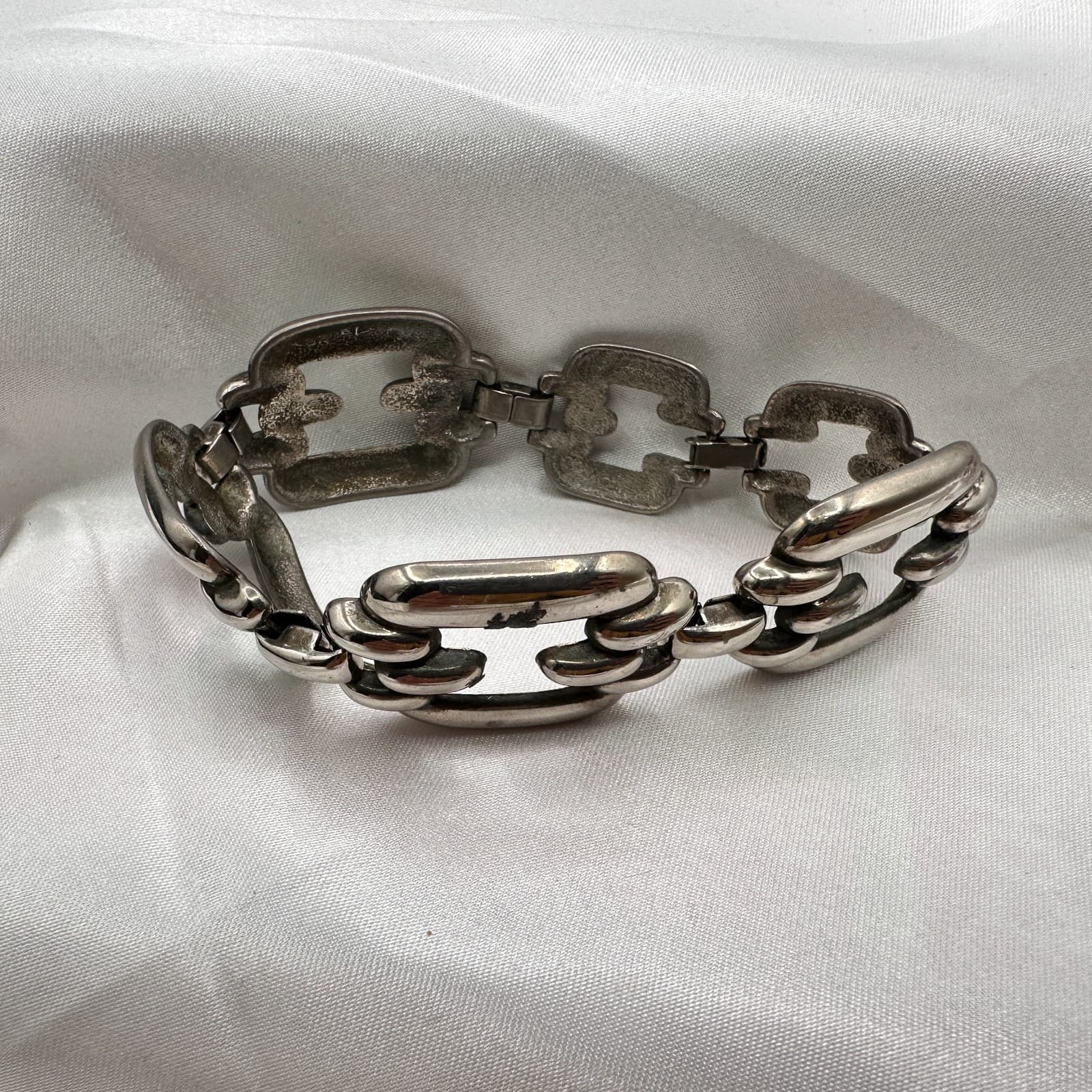 Vintage 80s Silver Tone Chunky Link Bracelet Bold Statement Geometric Modernist - Image 1