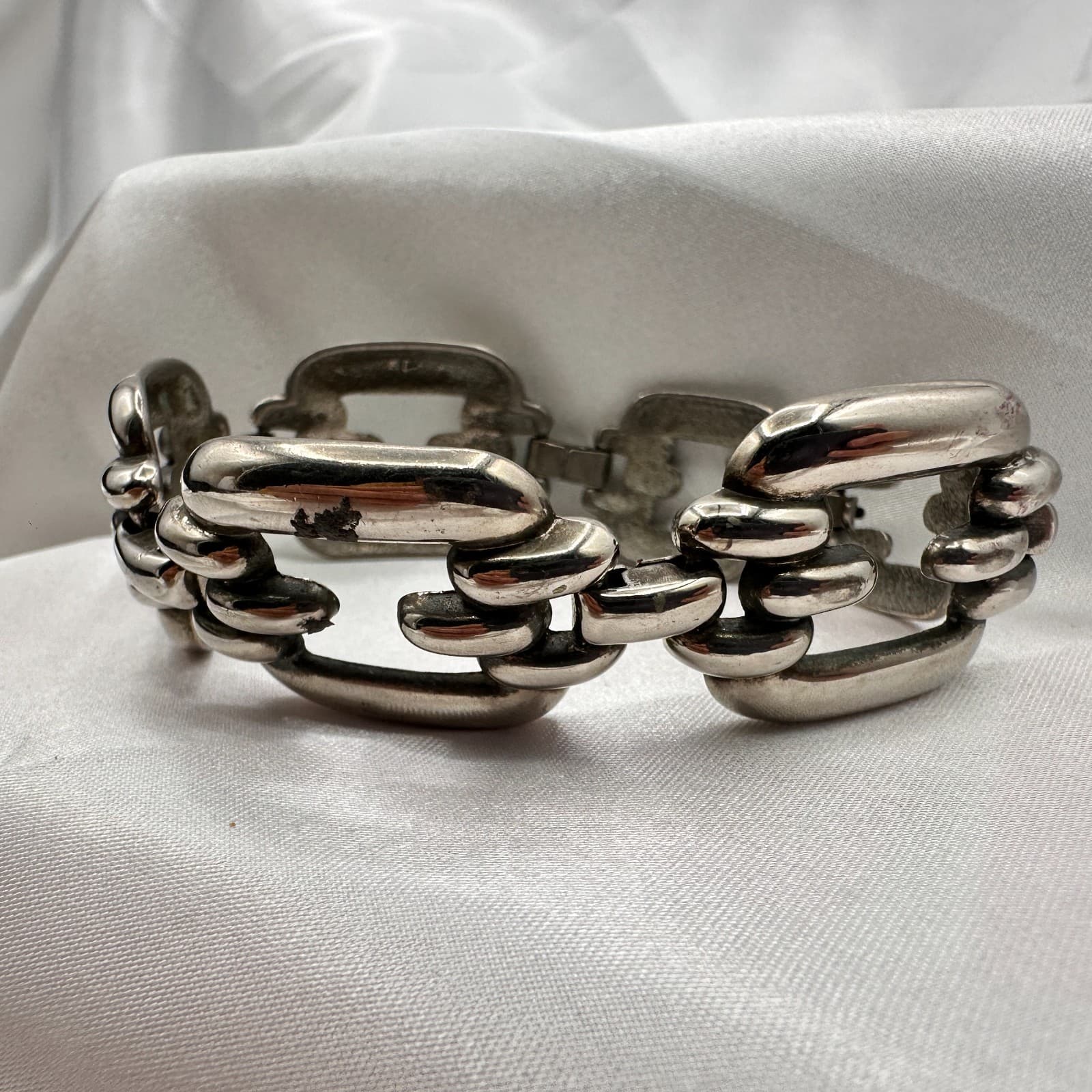 Vintage 80s Silver Tone Chunky Link Bracelet Bold Statement Geometric Modernist - Thumbnail 5