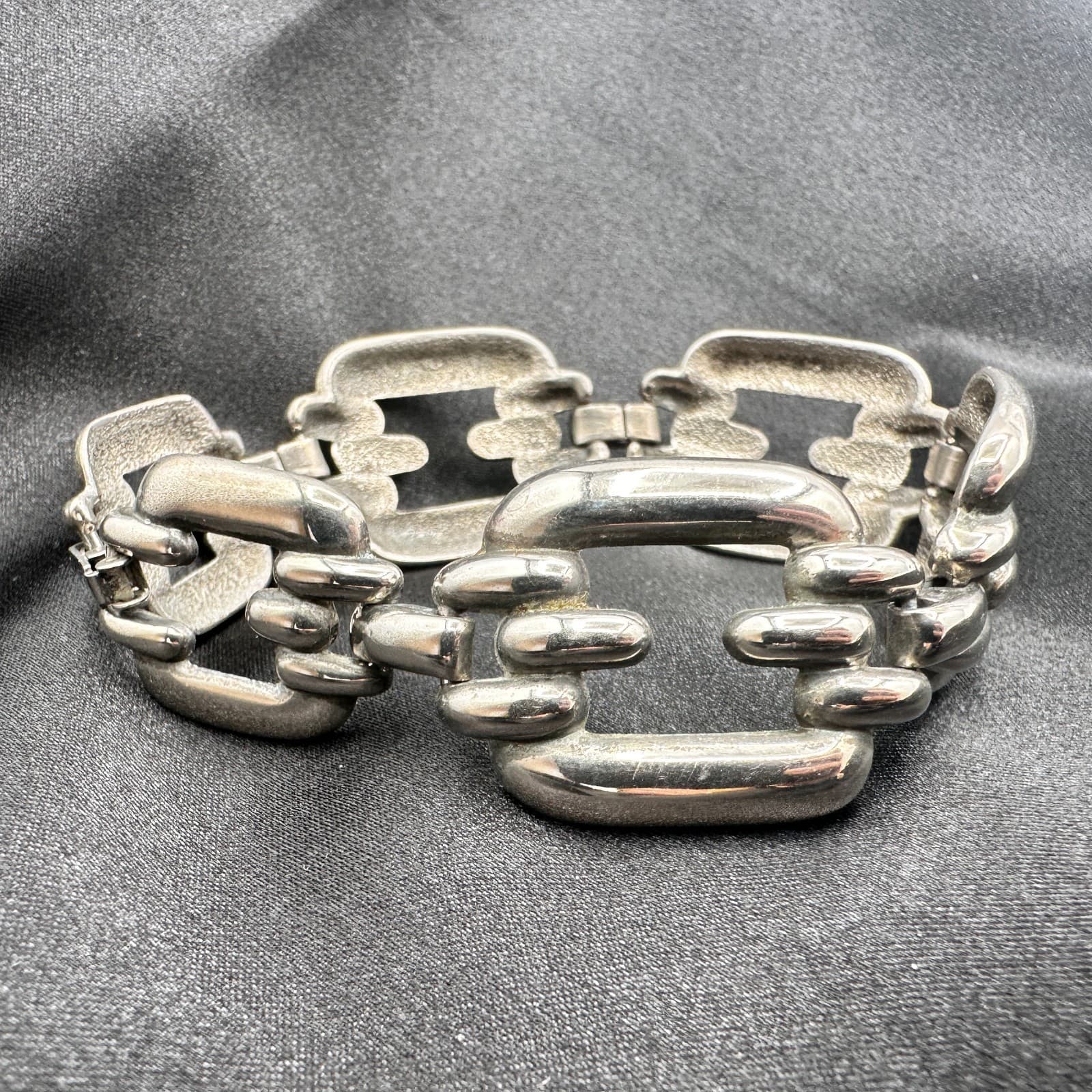 Vintage 80s Silver Tone Chunky Link Bracelet Bold Statement Geometric Modernist - Thumbnail 7