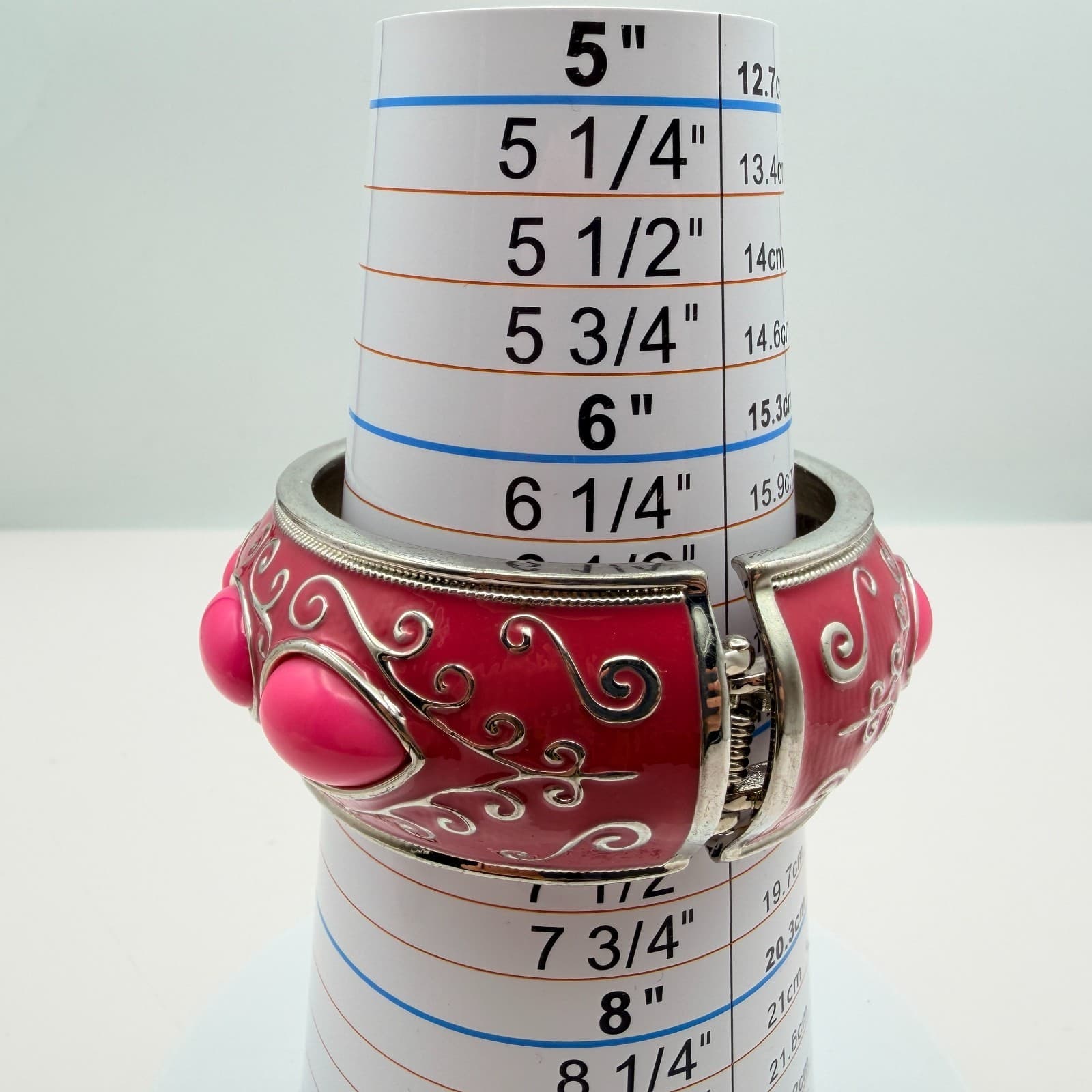 Vintage 90s Pink Enamel Cabochon Hinged Cuff Bracelet Silver Tone Jewelry - Thumbnail 9