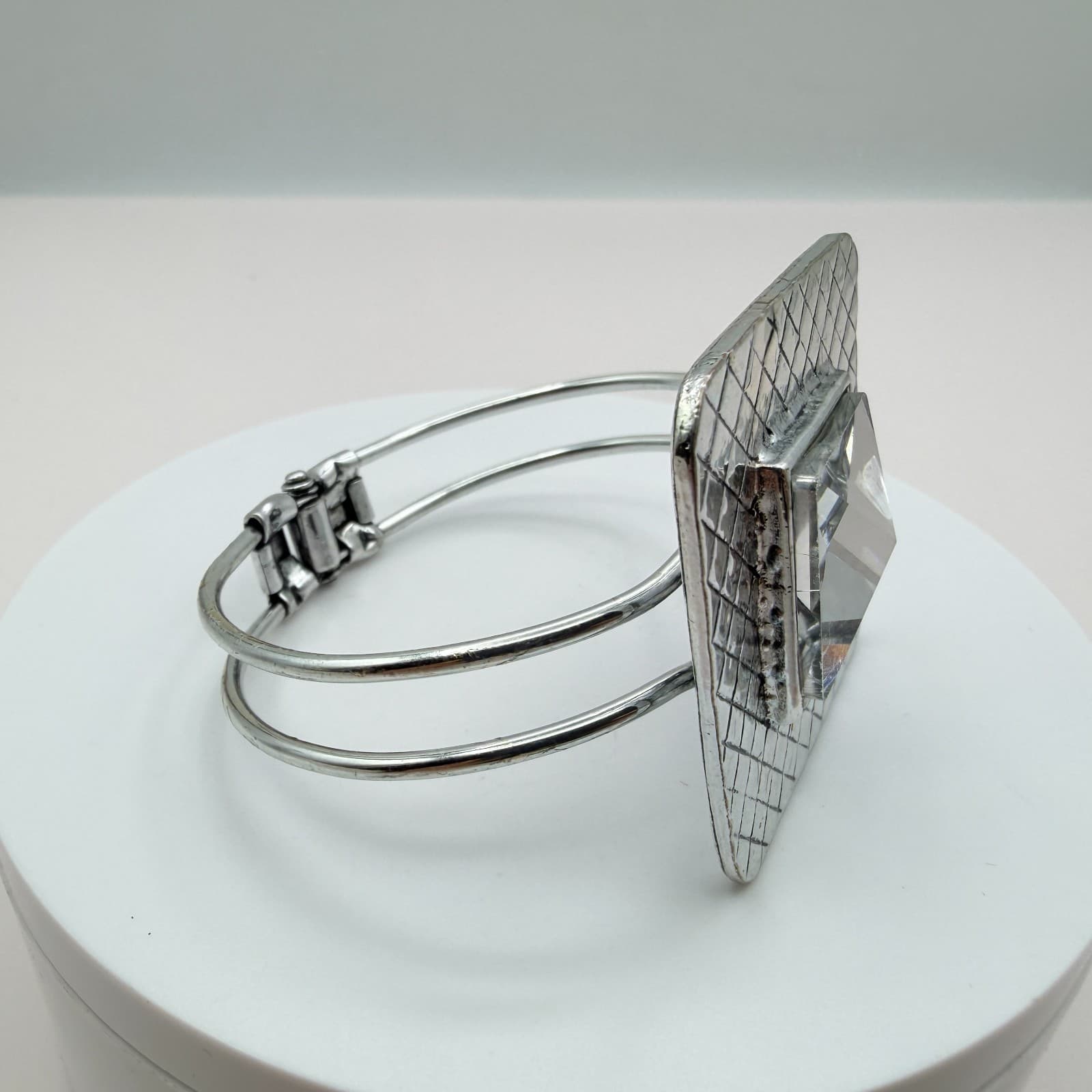 Vintage Y2K Clear Square Rhinestone Open Cuff Bracelet Silver Tone Jewelry - Thumbnail 4