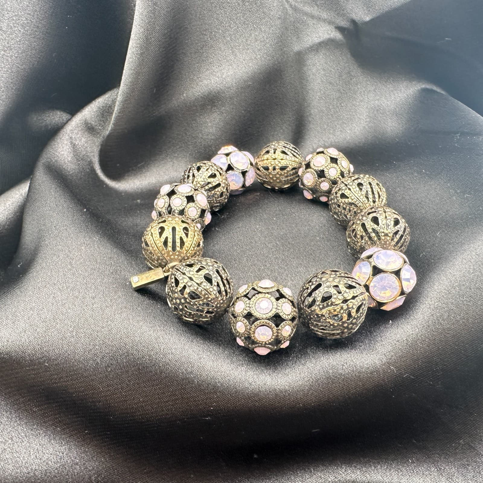 Vintage Y2K Pink Glass Brass Tone Filigree Beaded Stretch Bracelet Jewelry - Thumbnail 6