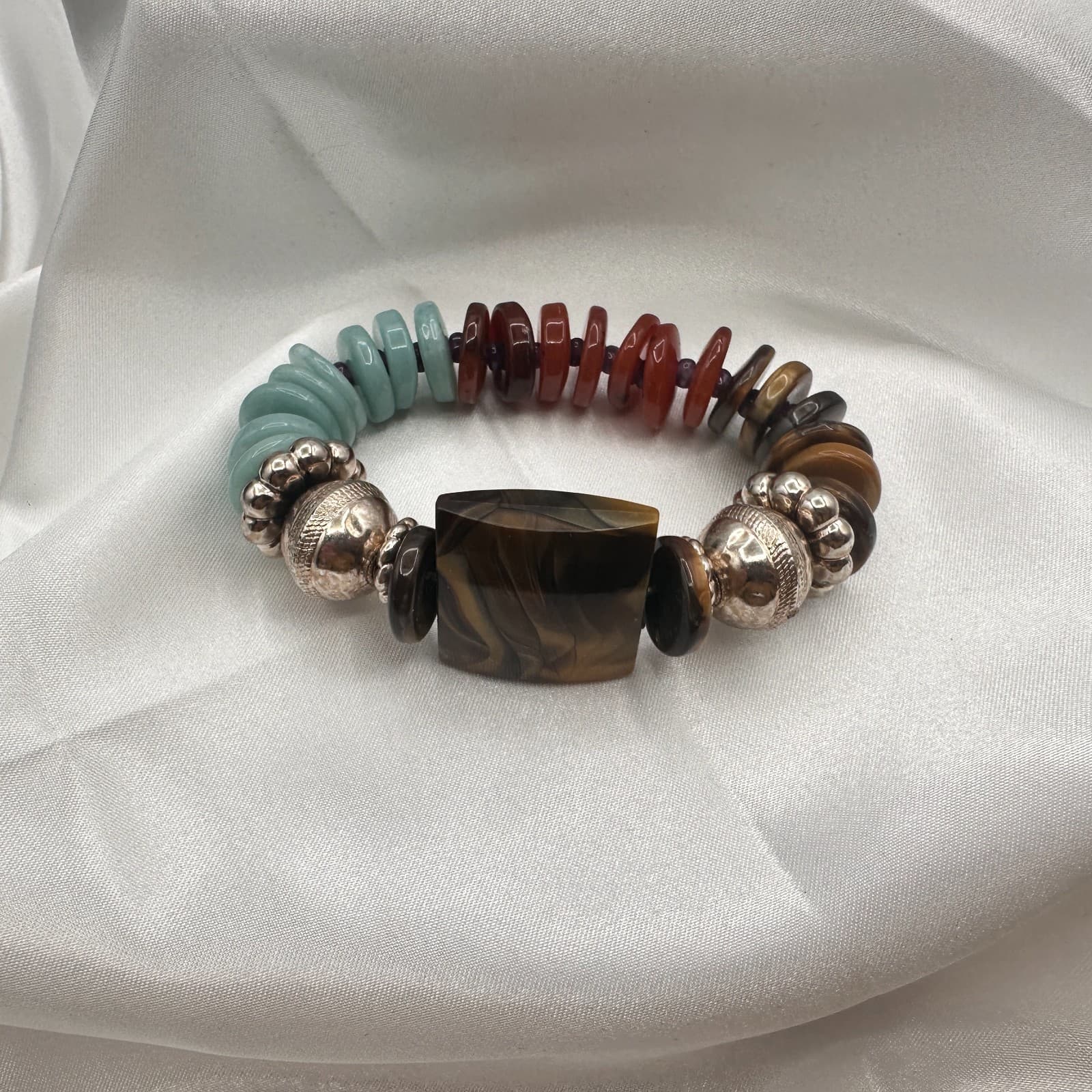 Vintage 90s Polycrome Tiger's Eye Disc Bead Stretch Bracelet Silver Tone Jewelry - Thumbnail 3