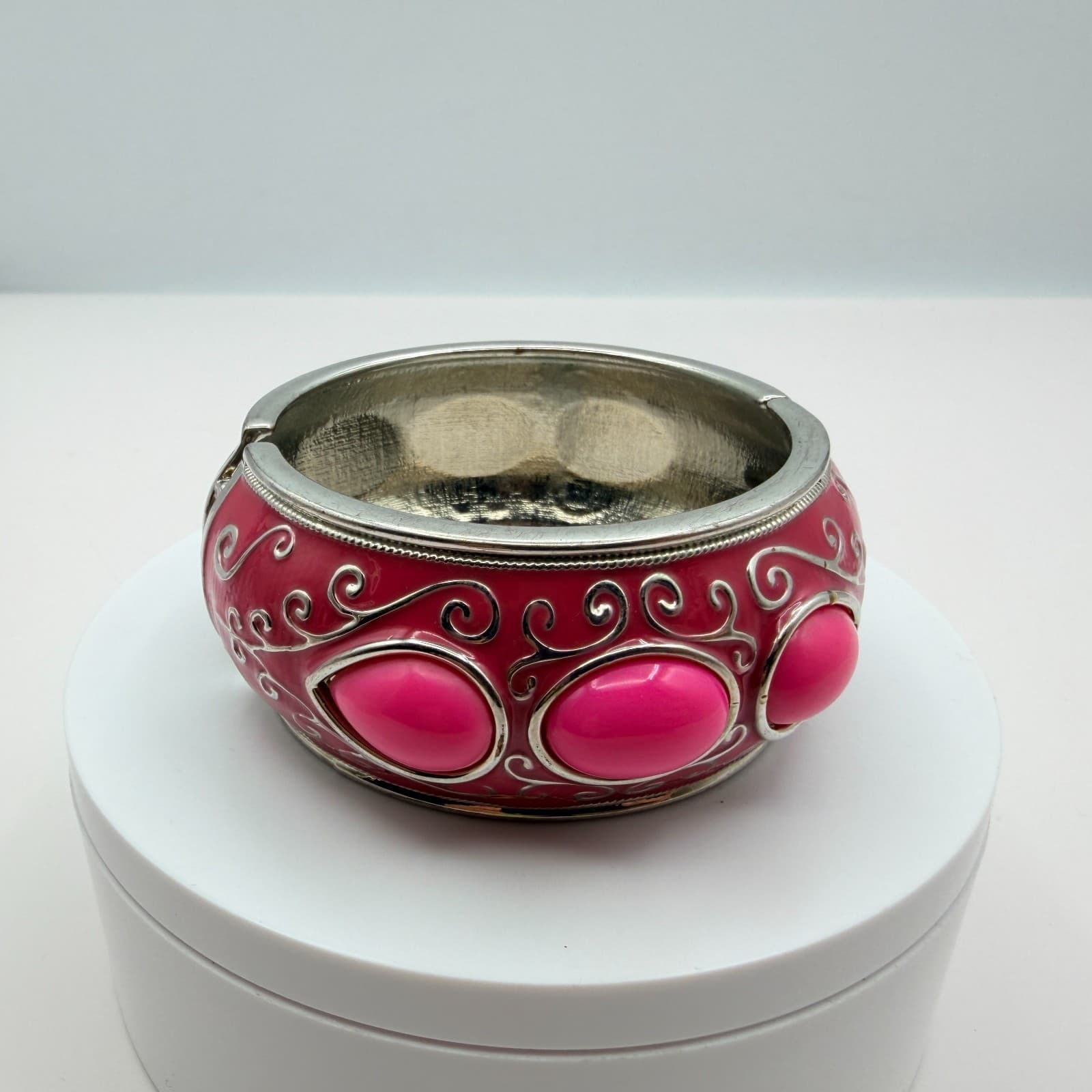 Vintage 90s Pink Enamel Cabochon Hinged Cuff Bracelet Silver Tone Jewelry - Thumbnail 6