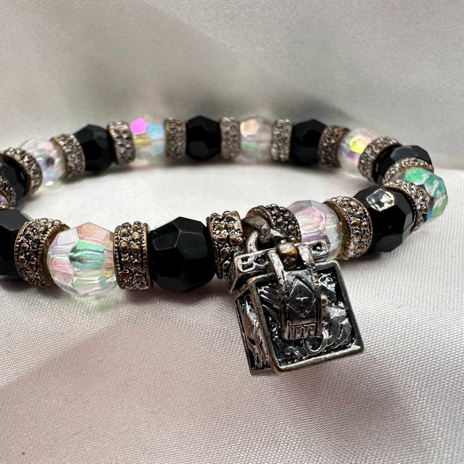 Vintage 90s Glass Bead Silver Tone Locket Charm Bracelet Boho Fashion Jewelry - Thumbnail 4