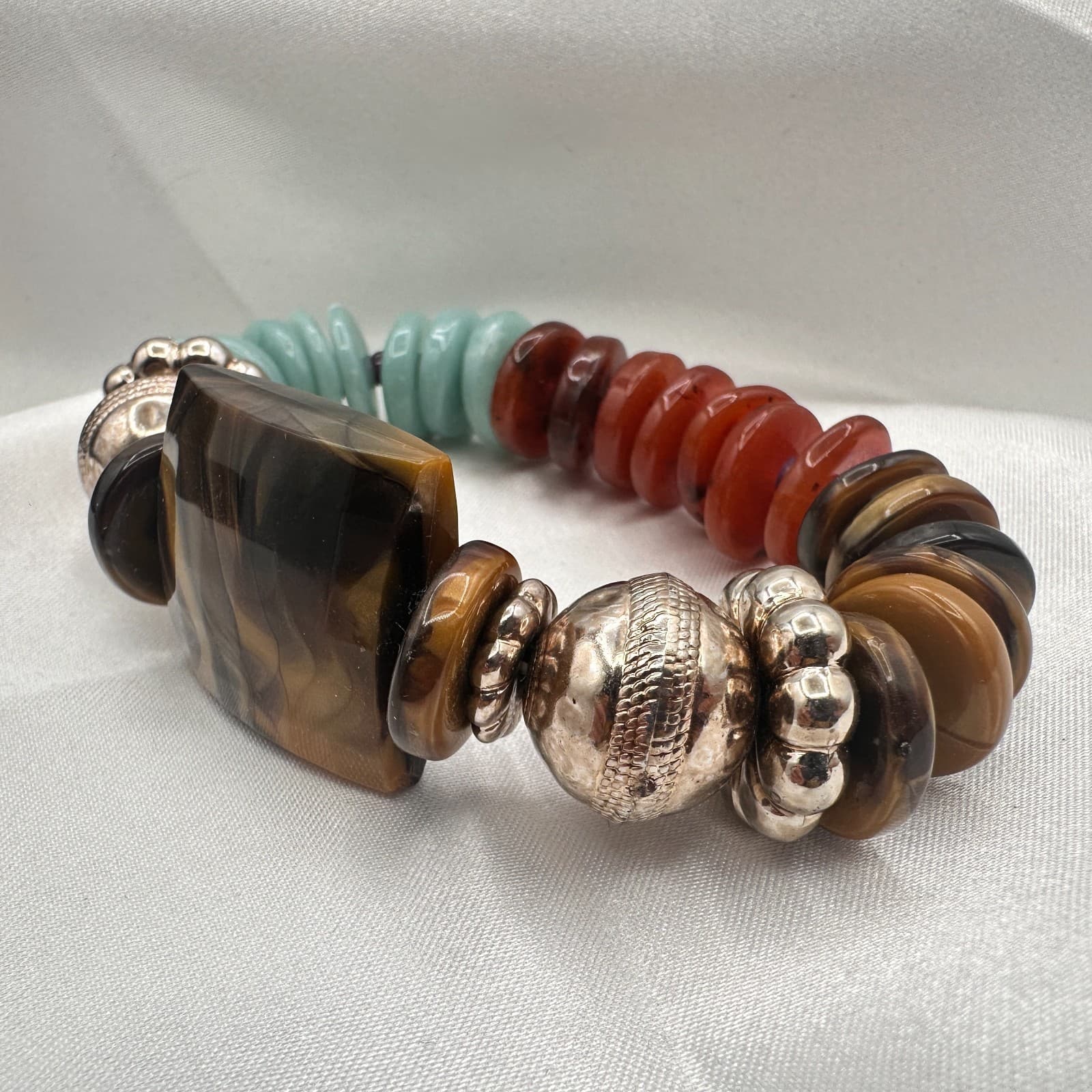 Vintage 90s Polycrome Tiger's Eye Disc Bead Stretch Bracelet Silver Tone Jewelry - Thumbnail 4