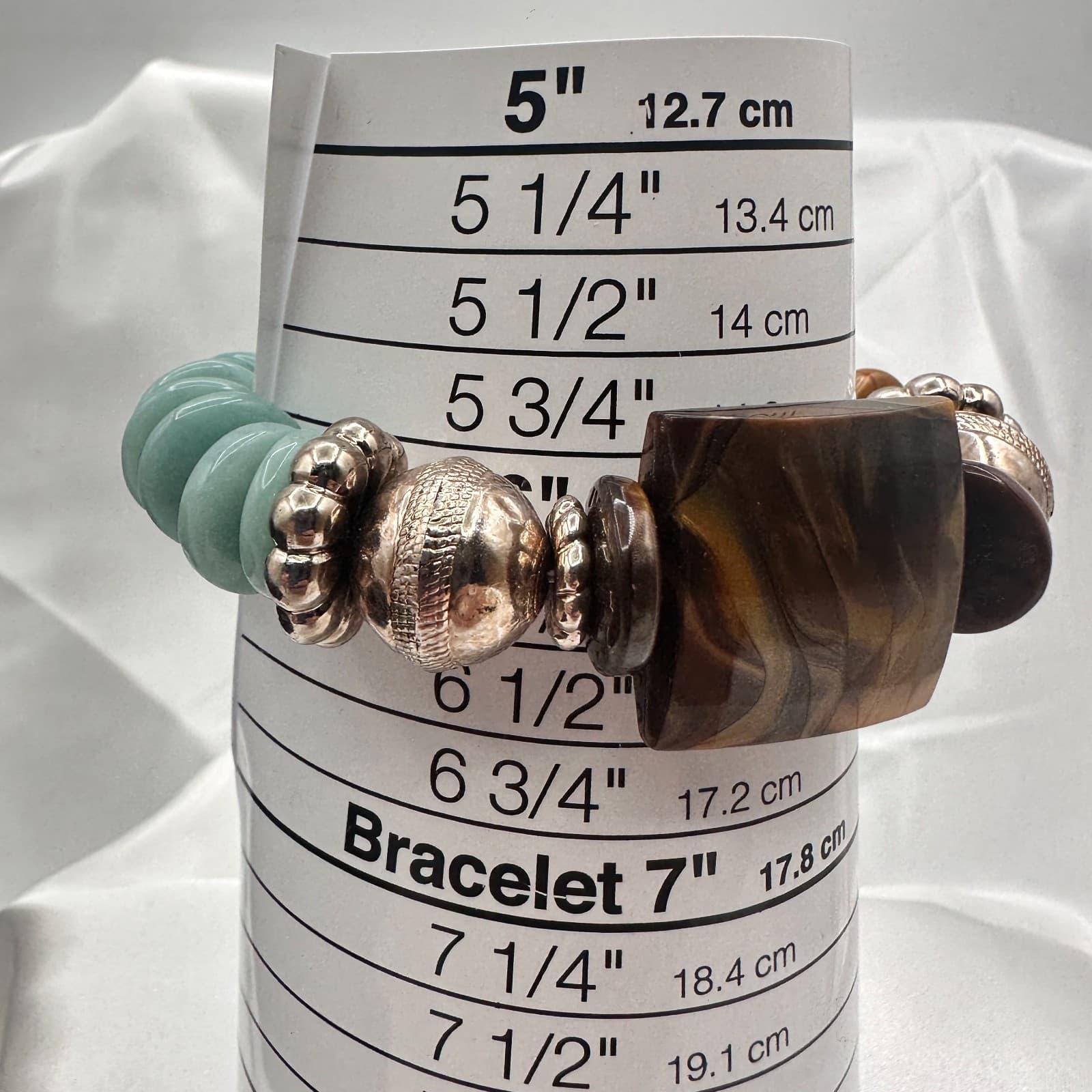 Vintage 90s Polycrome Tiger's Eye Disc Bead Stretch Bracelet Silver Tone Jewelry - Thumbnail 9