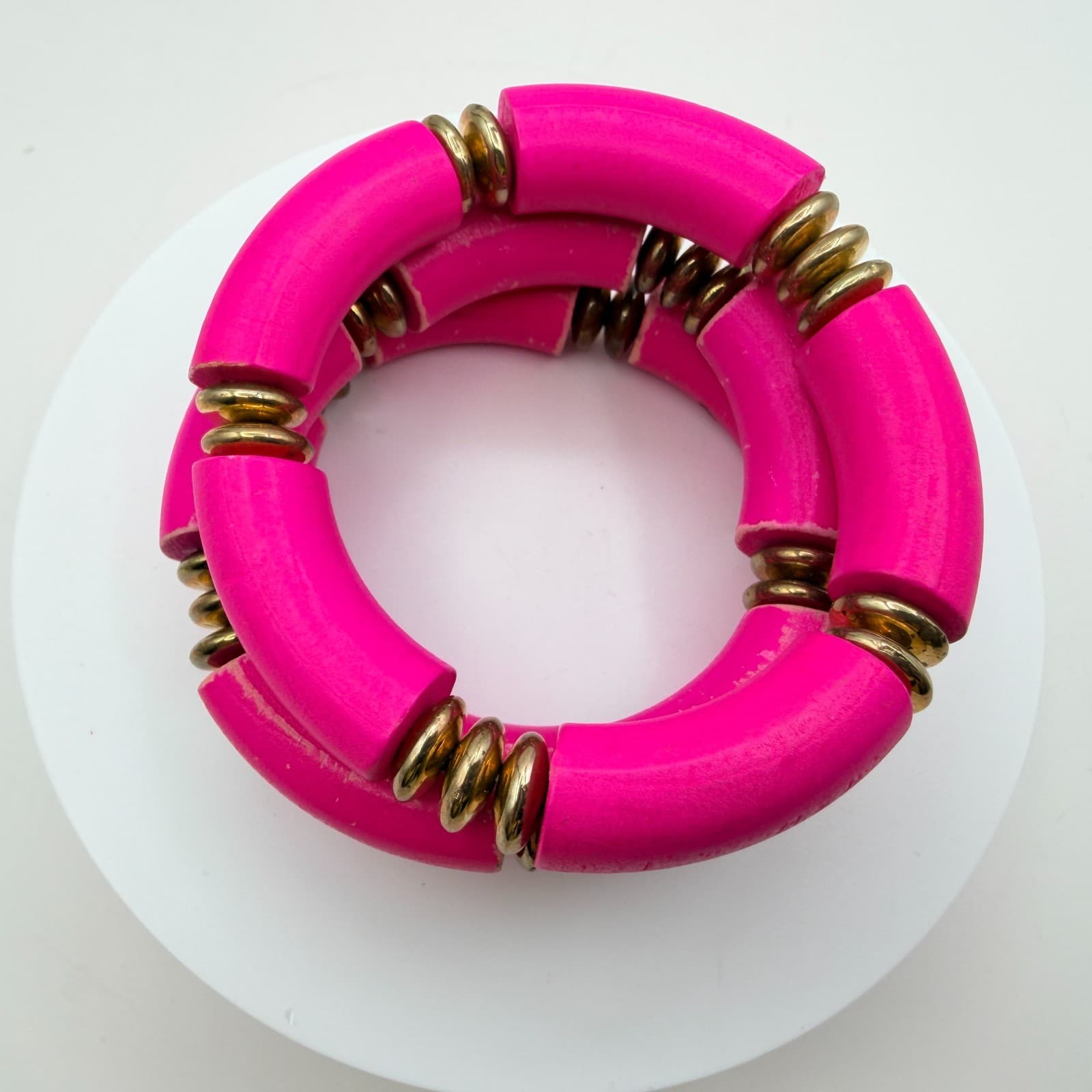 Vintage 90s Hot Pink Tube Beaded Stretch Bracelet Set 3pc Gold Tone Jewelry - Thumbnail 10