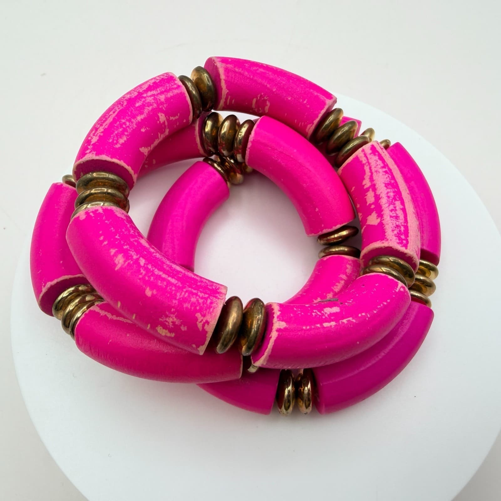 Vintage 90s Hot Pink Tube Beaded Stretch Bracelet Set 3pc Gold Tone Jewelry - Thumbnail 4