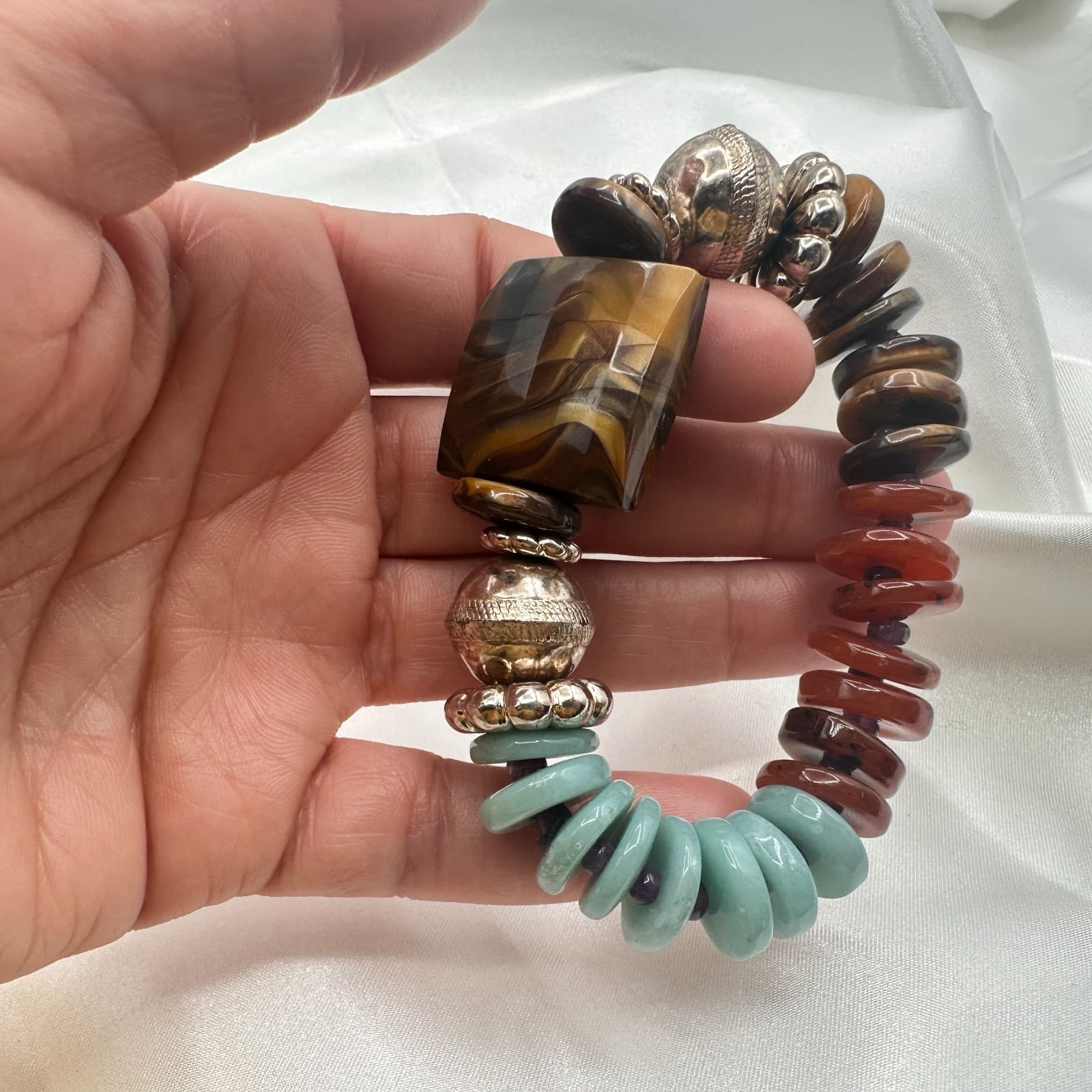 Vintage 90s Polycrome Tiger's Eye Disc Bead Stretch Bracelet Silver Tone Jewelry - Thumbnail 8