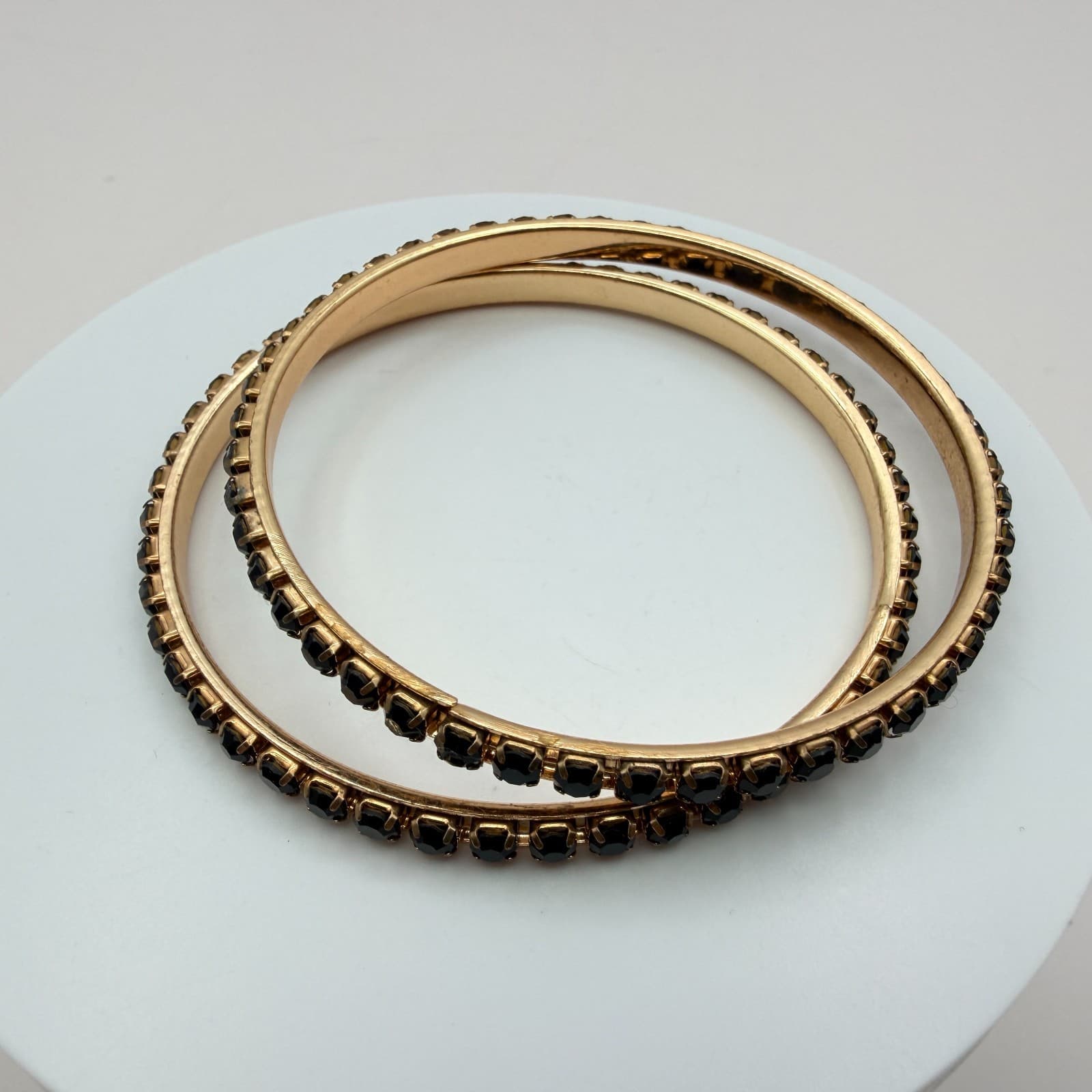 Vintage Y2K Black Glass Rhinestone Gold Tone Bangle Bracelet Set 2pc Jewelry - Thumbnail 4