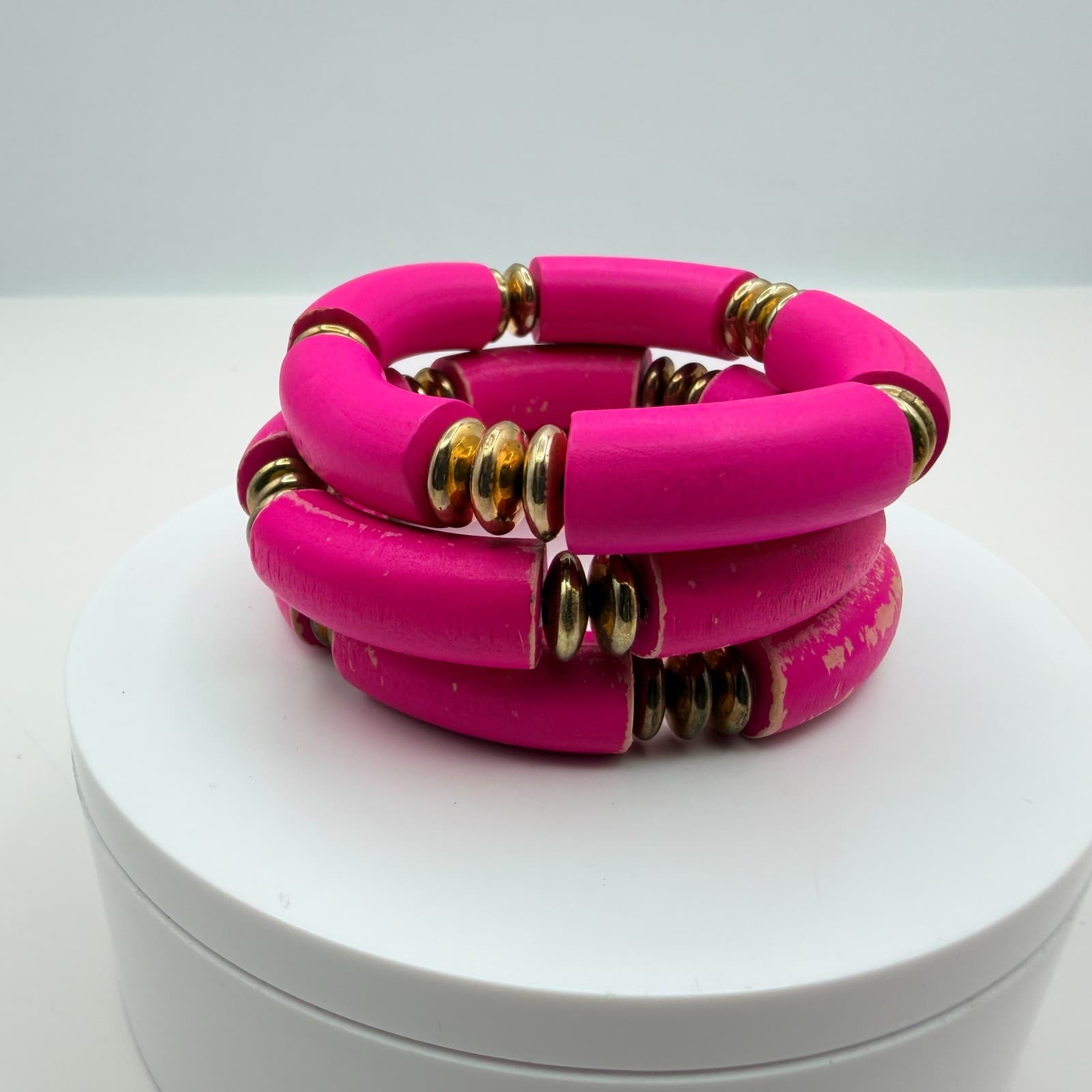 Vintage 90s Hot Pink Tube Beaded Stretch Bracelet Set 3pc Gold Tone Jewelry - Thumbnail 6