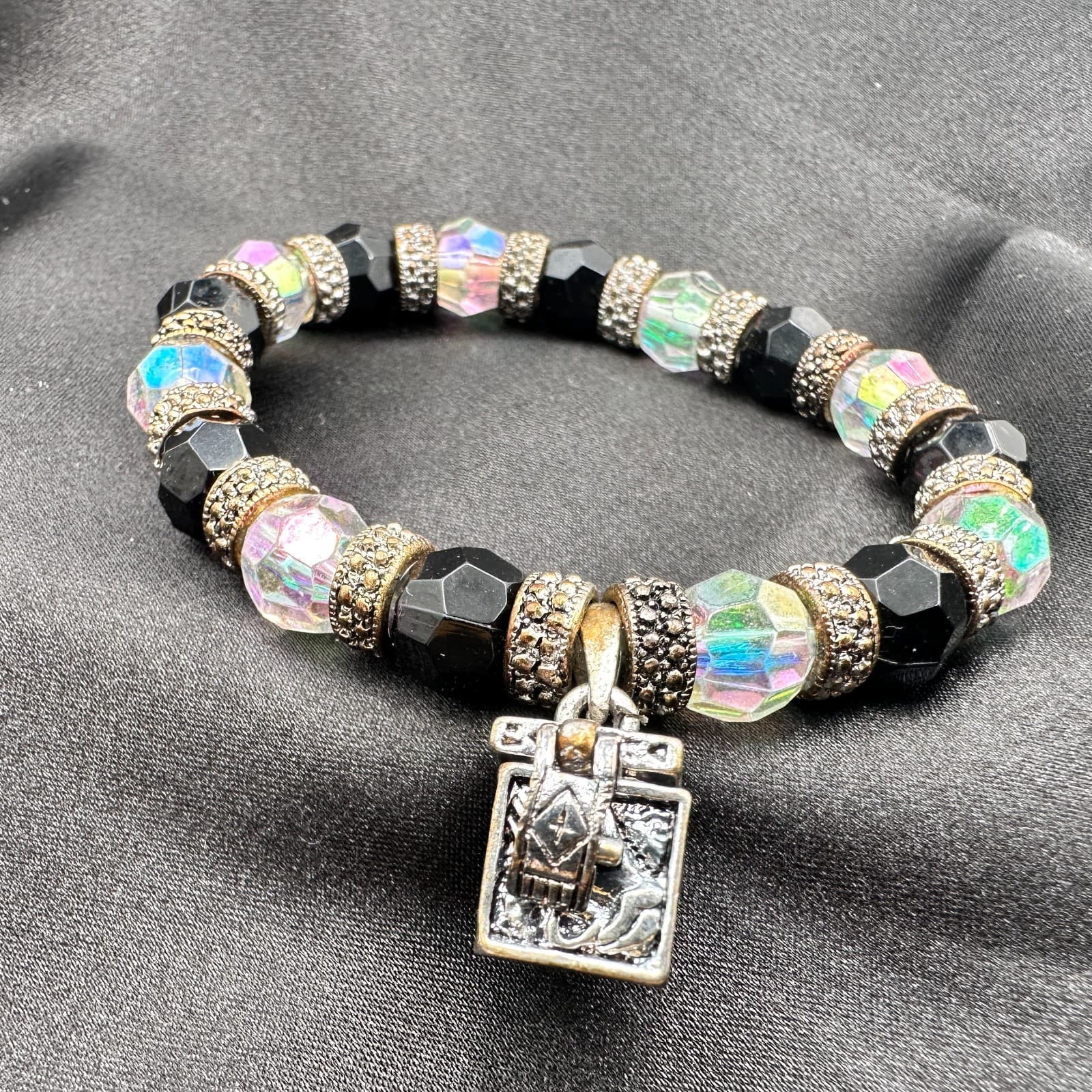 Vintage 90s Glass Bead Silver Tone Locket Charm Bracelet Boho Fashion Jewelry - Thumbnail 8