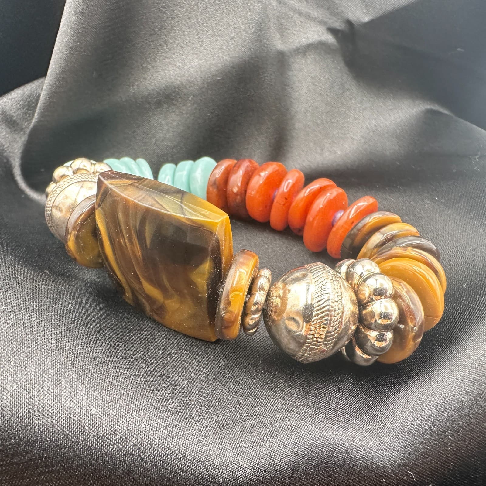 Vintage 90s Polycrome Tiger's Eye Disc Bead Stretch Bracelet Silver Tone Jewelry - Thumbnail 5