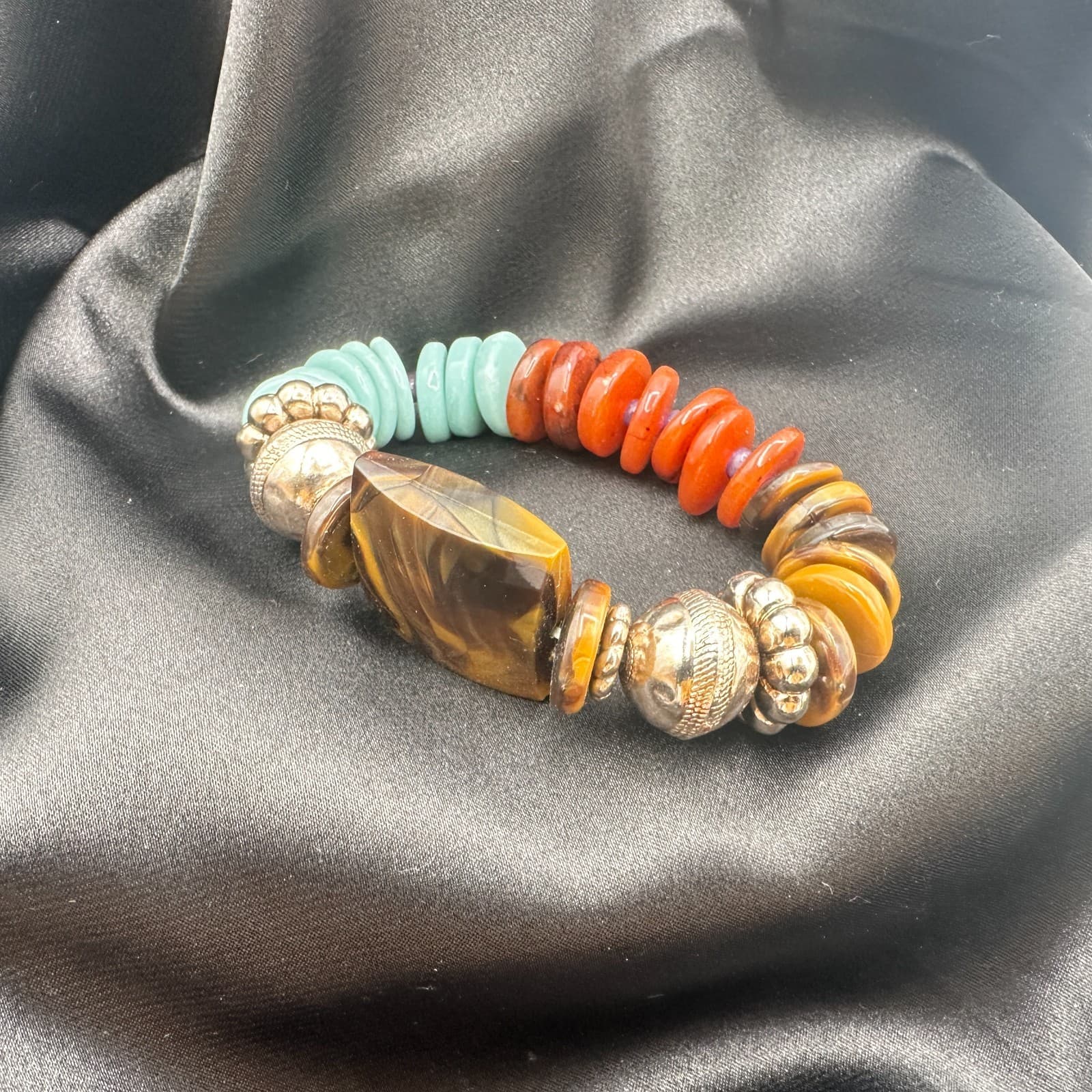 Vintage 90s Polycrome Tiger's Eye Disc Bead Stretch Bracelet Silver Tone Jewelry - Thumbnail 7