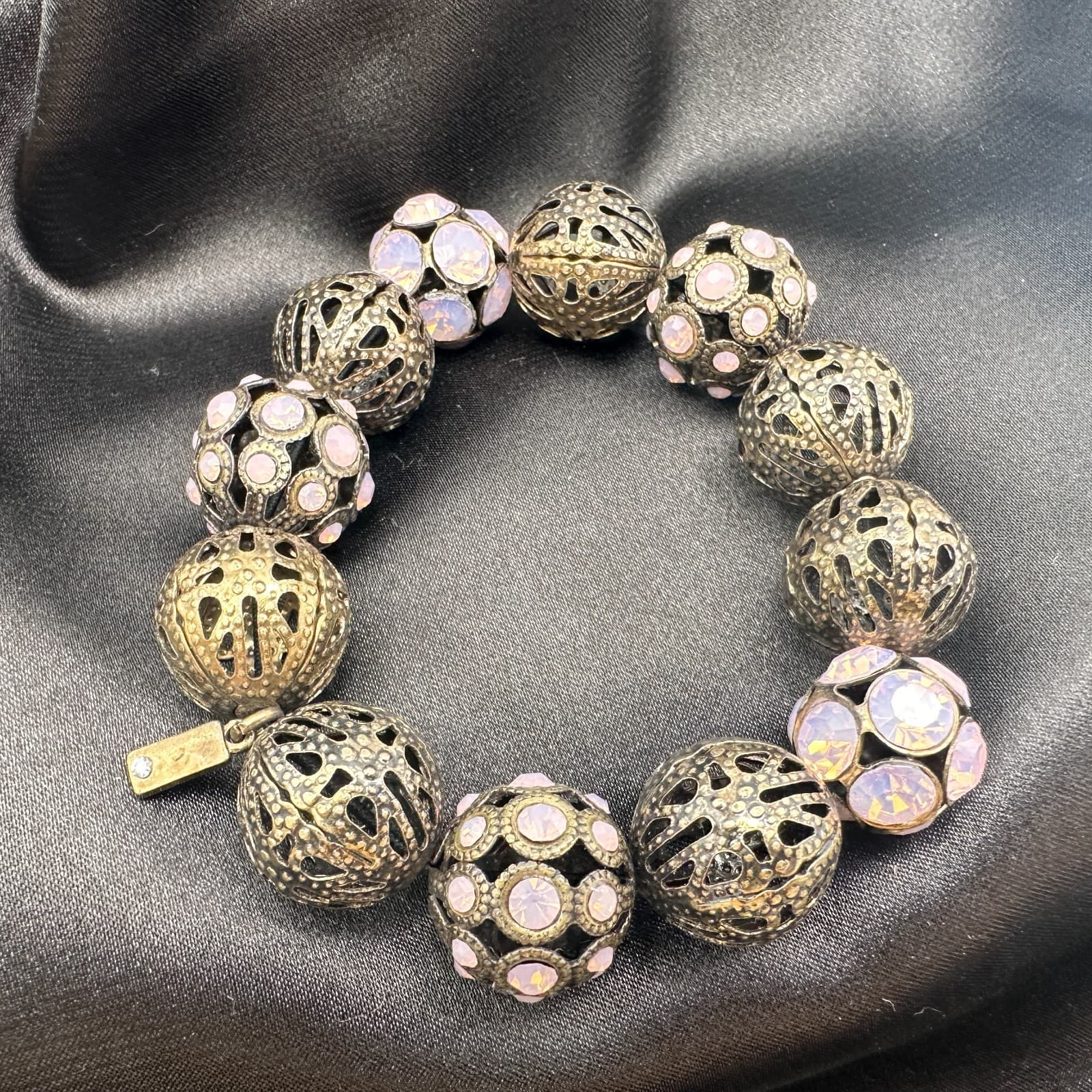Vintage Y2K Pink Glass Brass Tone Filigree Beaded Stretch Bracelet Jewelry - Thumbnail 5