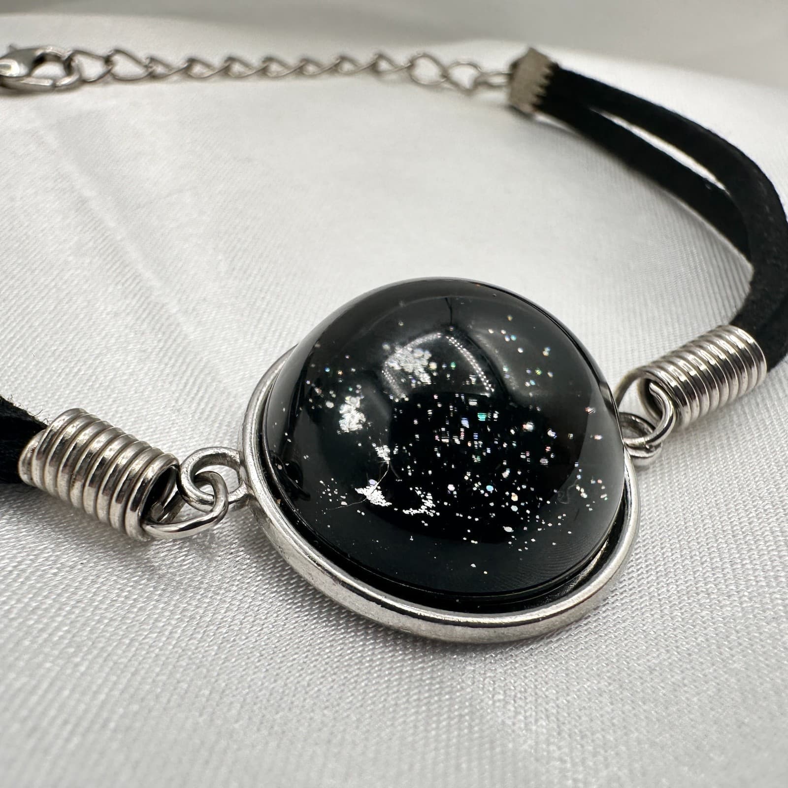 Vintage Y2K Black Suede Cord Galaxy Glass Cabochon Bracelet Silver Tone Jewelry - Thumbnail 5