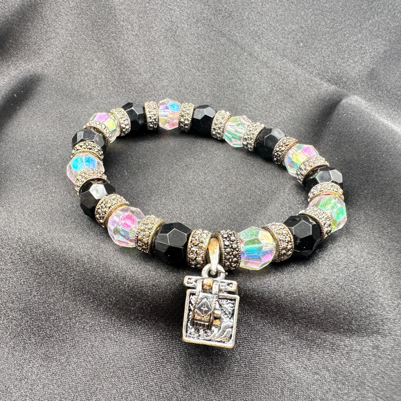 Vintage 90s Glass Bead Silver Tone Locket Charm Bracelet Boho Fashion Jewelry - Thumbnail 2