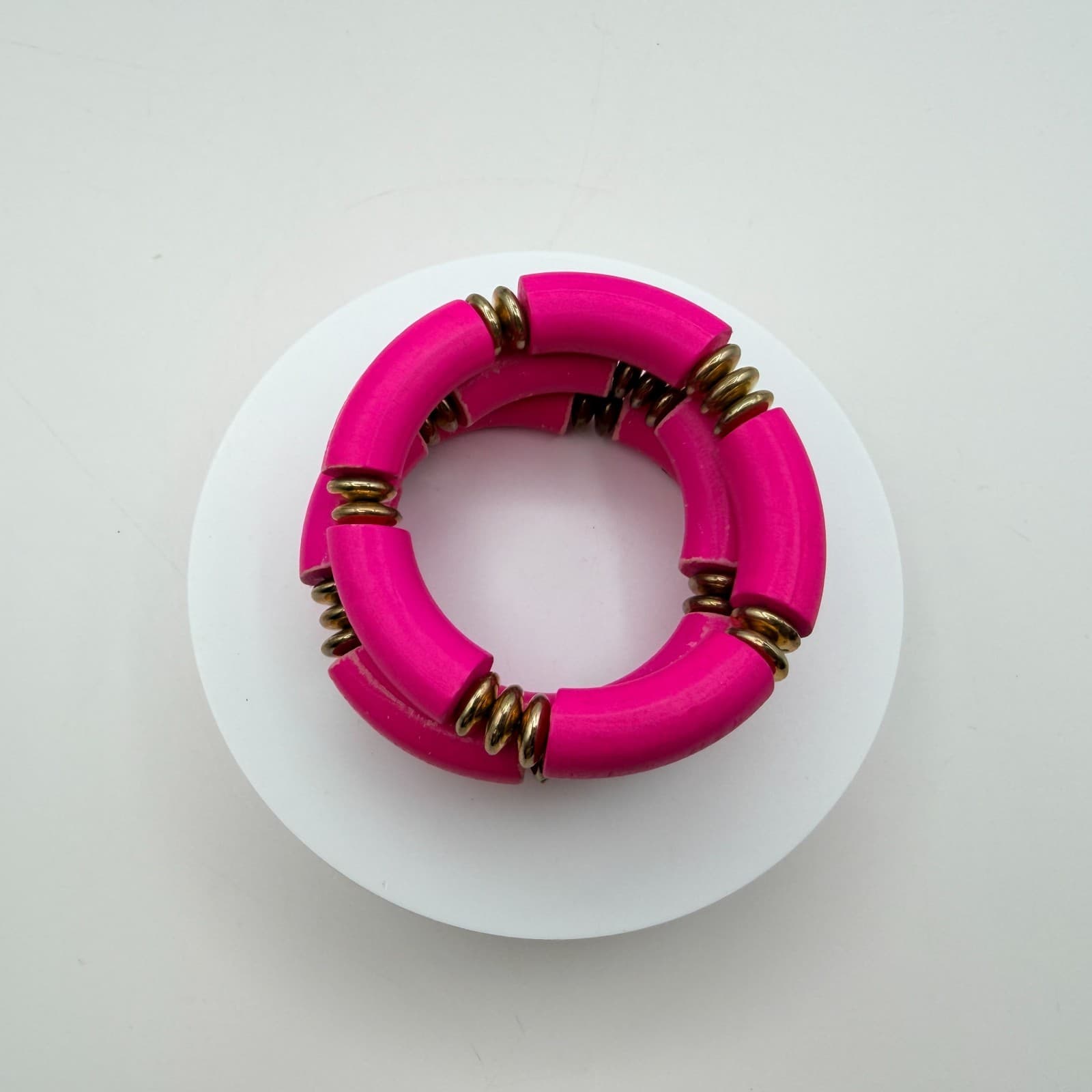 Vintage 90s Hot Pink Tube Beaded Stretch Bracelet Set 3pc Gold Tone Jewelry - Thumbnail 9