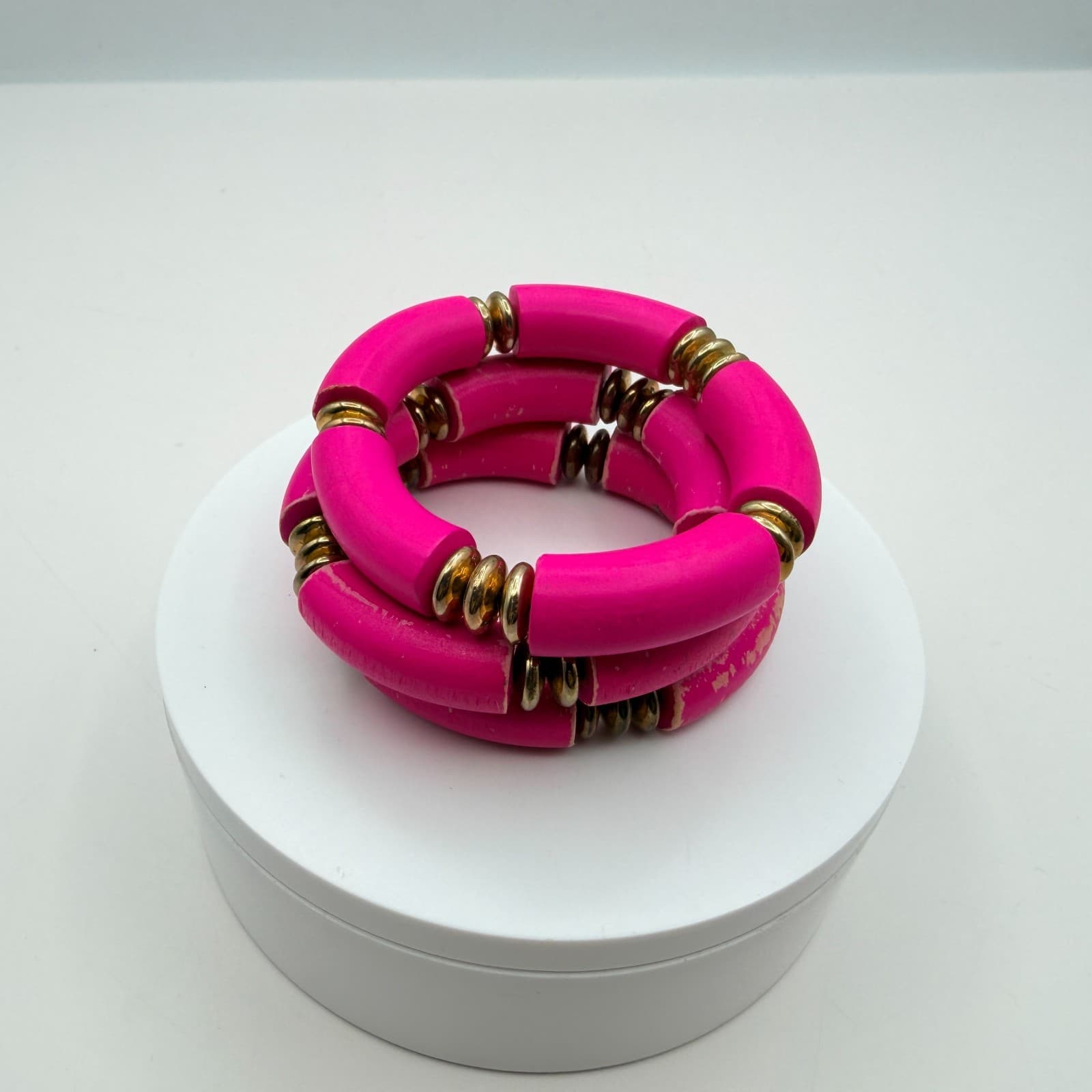 Vintage 90s Hot Pink Tube Beaded Stretch Bracelet Set 3pc Gold Tone Jewelry - Thumbnail 8