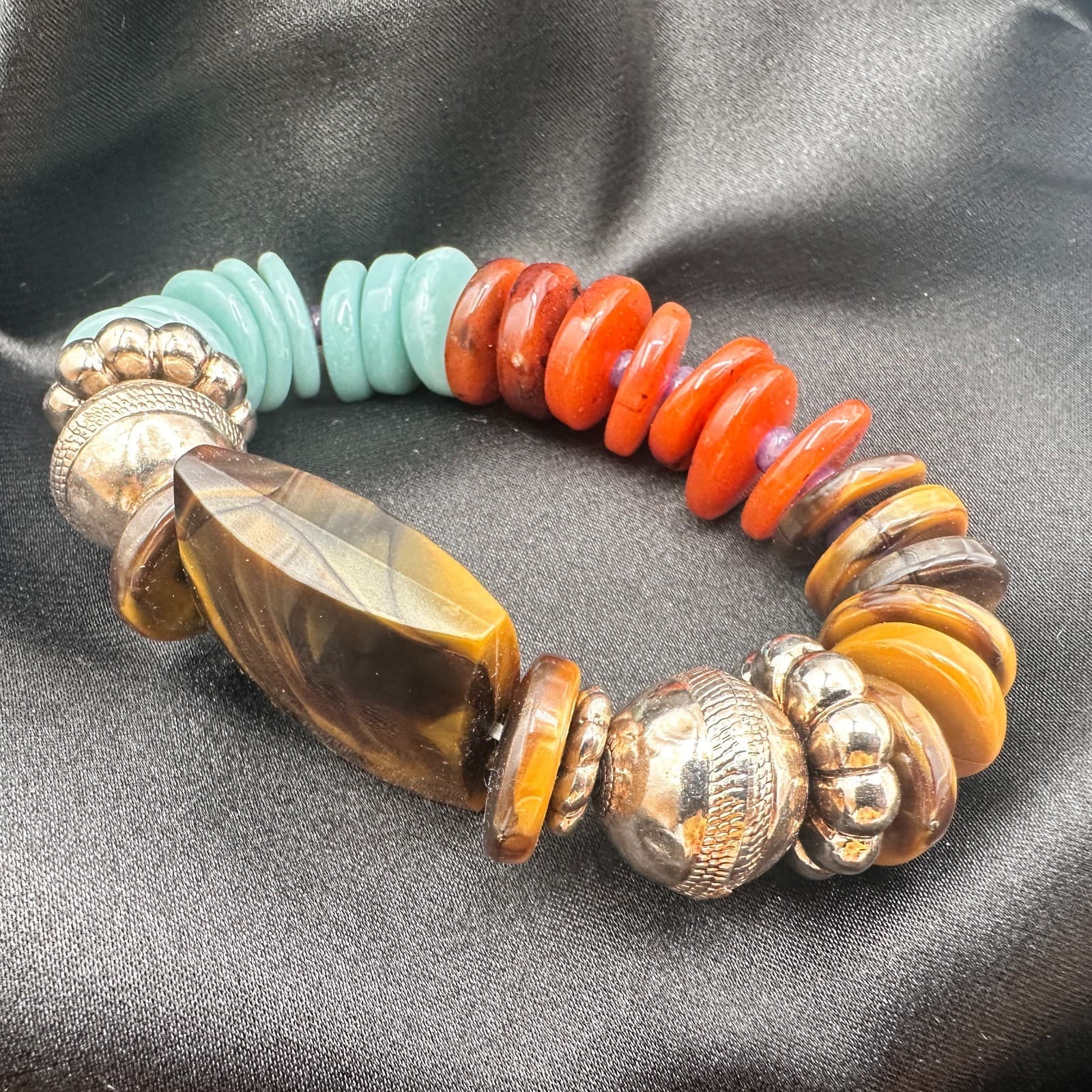 Vintage 90s Polycrome Tiger's Eye Disc Bead Stretch Bracelet Silver Tone Jewelry - Thumbnail 6